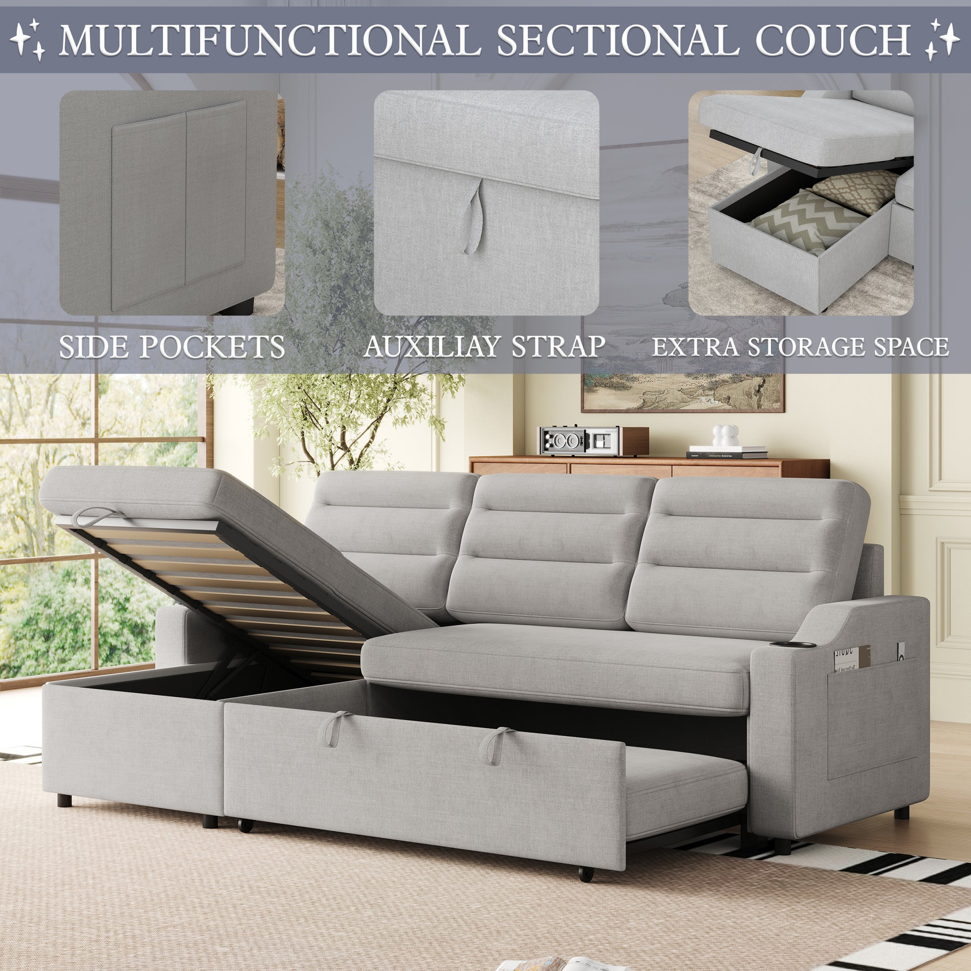 Mh83.5" Convertible Sleeper Combo Sofa, Convertible Sofa Bed Polyester Pullout Bed With Storage Recliner And Cup Holder For Living Room, Tight Spaces Light Grey Polyester Primary Living Space Pine Foam Fabric 3 Seat