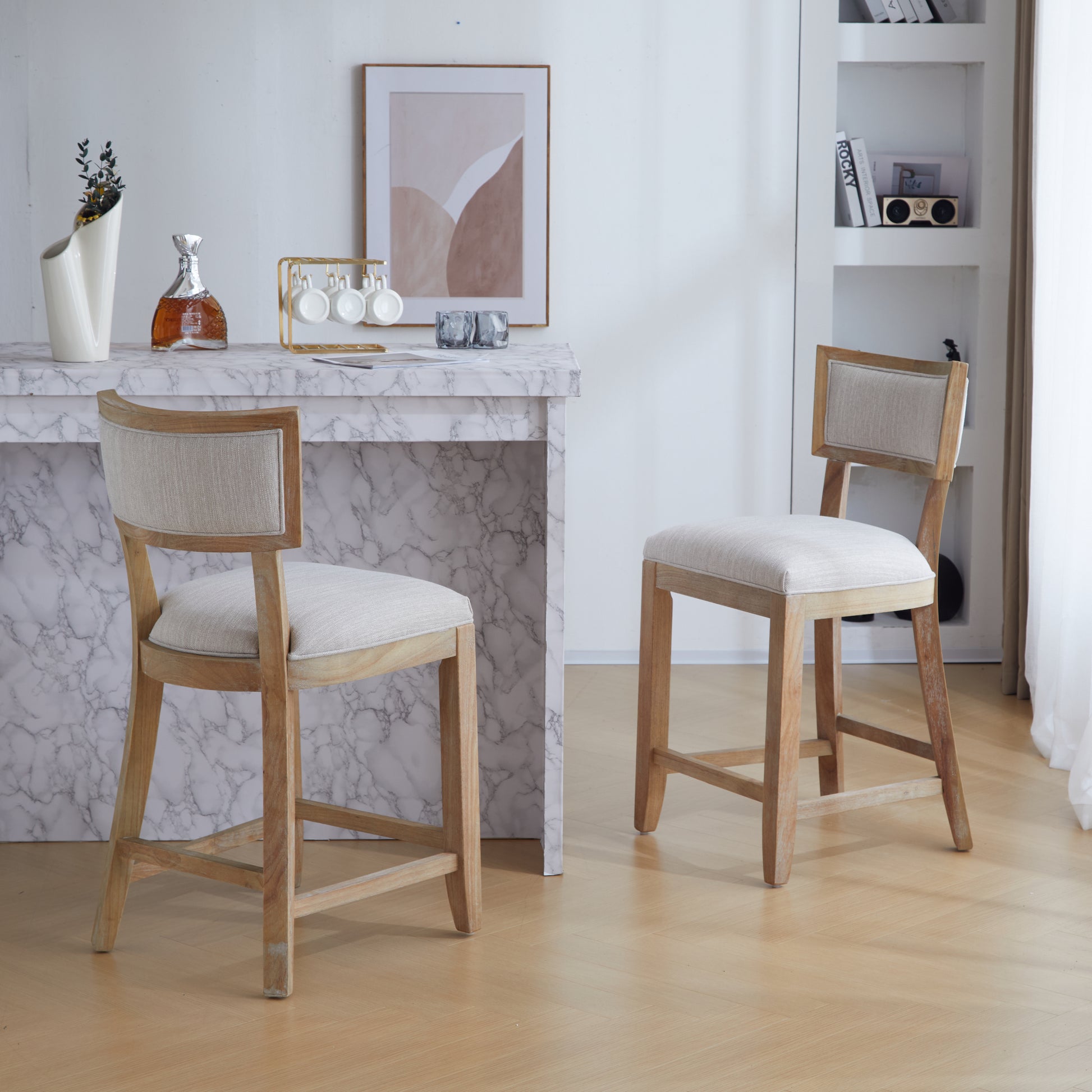 26.5" Counter Stools Set Of 2, Upholstered Counter Height Bar Stools With Comfy Back, Solid Rubber Wood Frame, Backrest, Footrest, Armless Barstools For Home Bar, Kitchen Counter, Beige & Natural Beige Natural Set Of 2 Fabric