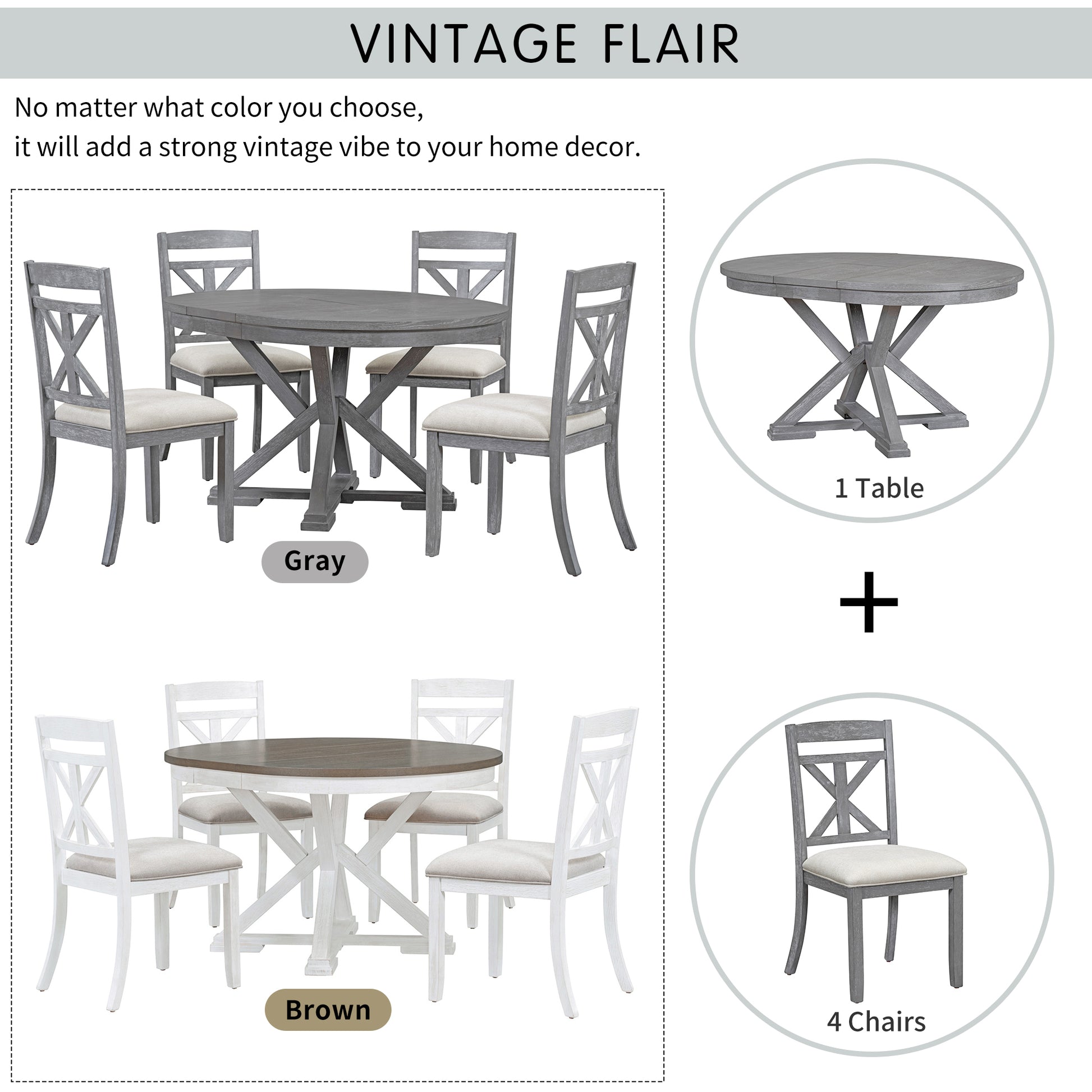 5 Piece Retro Functional Dining Table Set Extendable Round Table And 4 Upholstered Chairs For Dining Room And Living Room Grey Grey Solid Wood