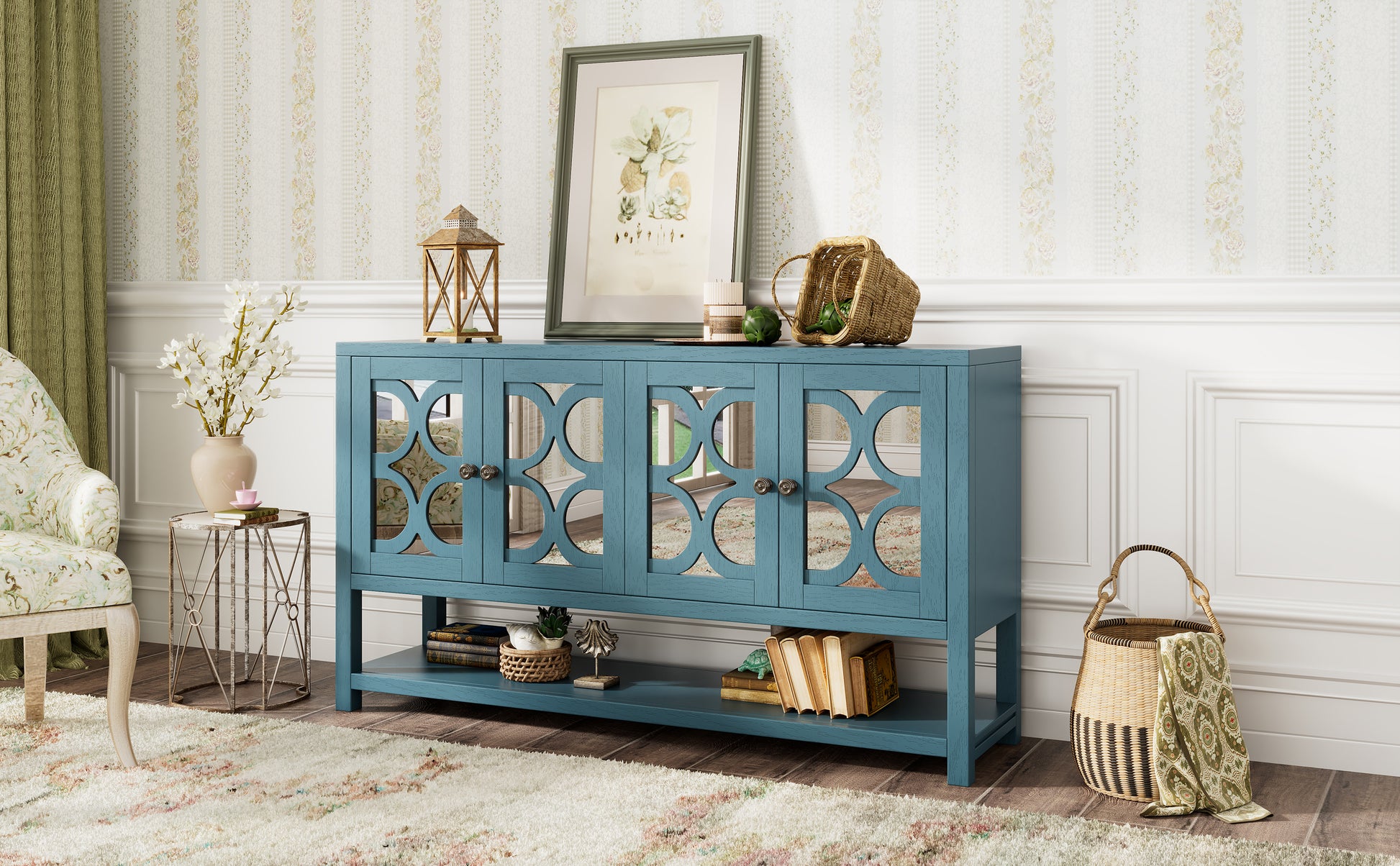 Elegant Retro Console Table Storage Cabinet Sideboard With Mirrored Doors, Spacious Shelves, And Durable Acacia Wood Legs Perfect For Living Room, Dining Room, Or Entryway Antique Navy Antique Navy Primary Living Space Solid Wood Mdf