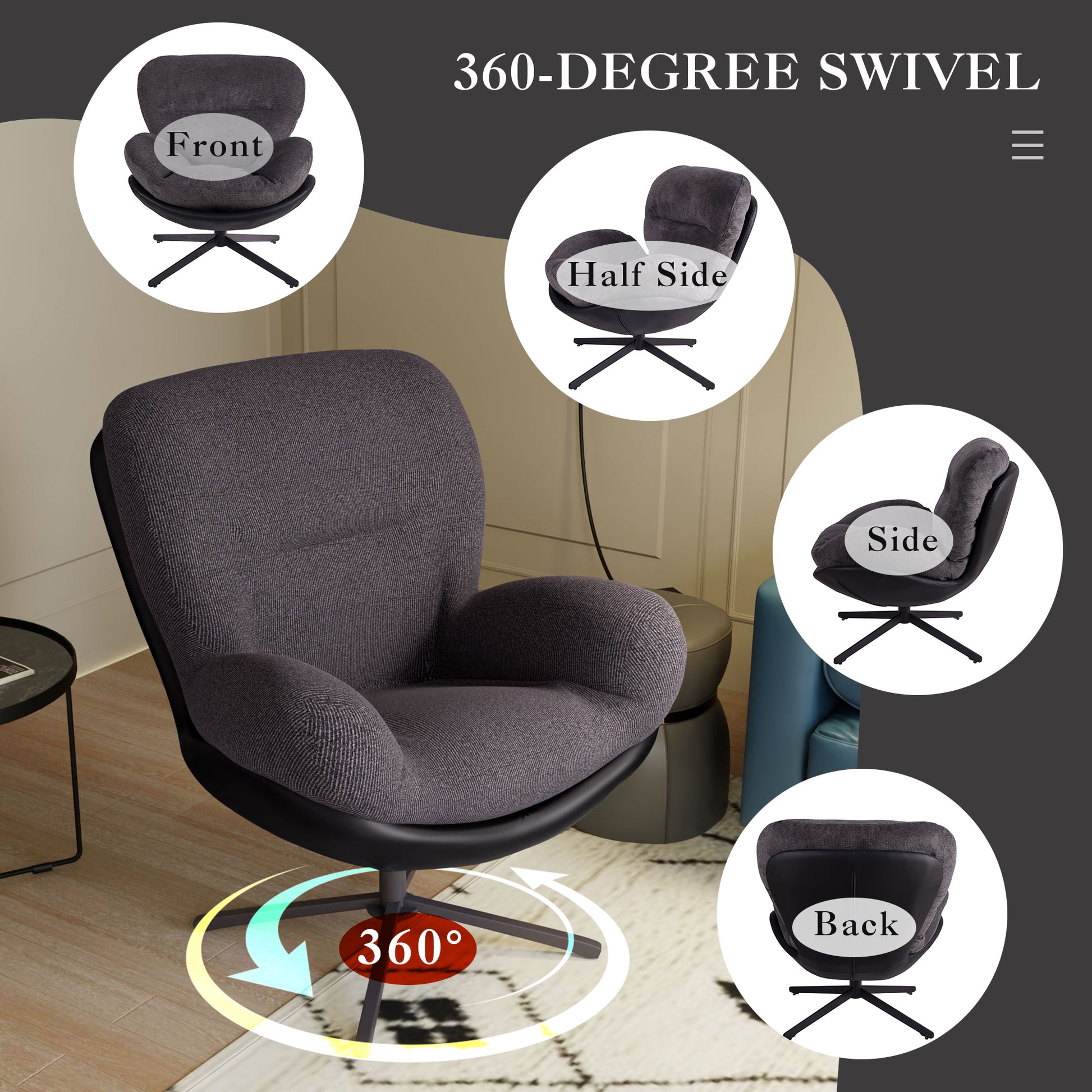 360 Swivel Accent Chair, Modern Chenille Lounge Chair With Faux Leather And Black Metal Base Frame, Comfortable Reading Chair For Small Spaces, Living Room, Bedroom, Reading Corner, Office, Dark Gray Black,Dark Gray Brown Primary Living Space