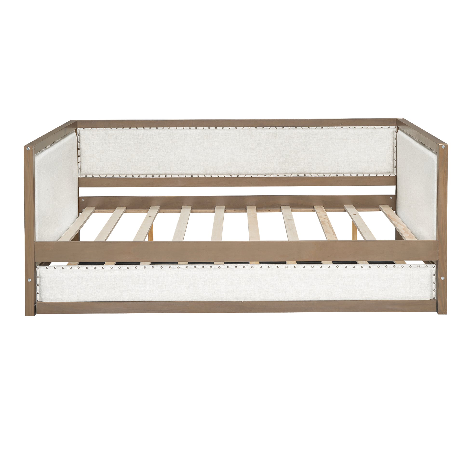 Full Size Upholstered Daybed With Trundle And Decoration, Wood Color Box Spring Not Required Full Wood Wood Daybeds Linen Upholstered