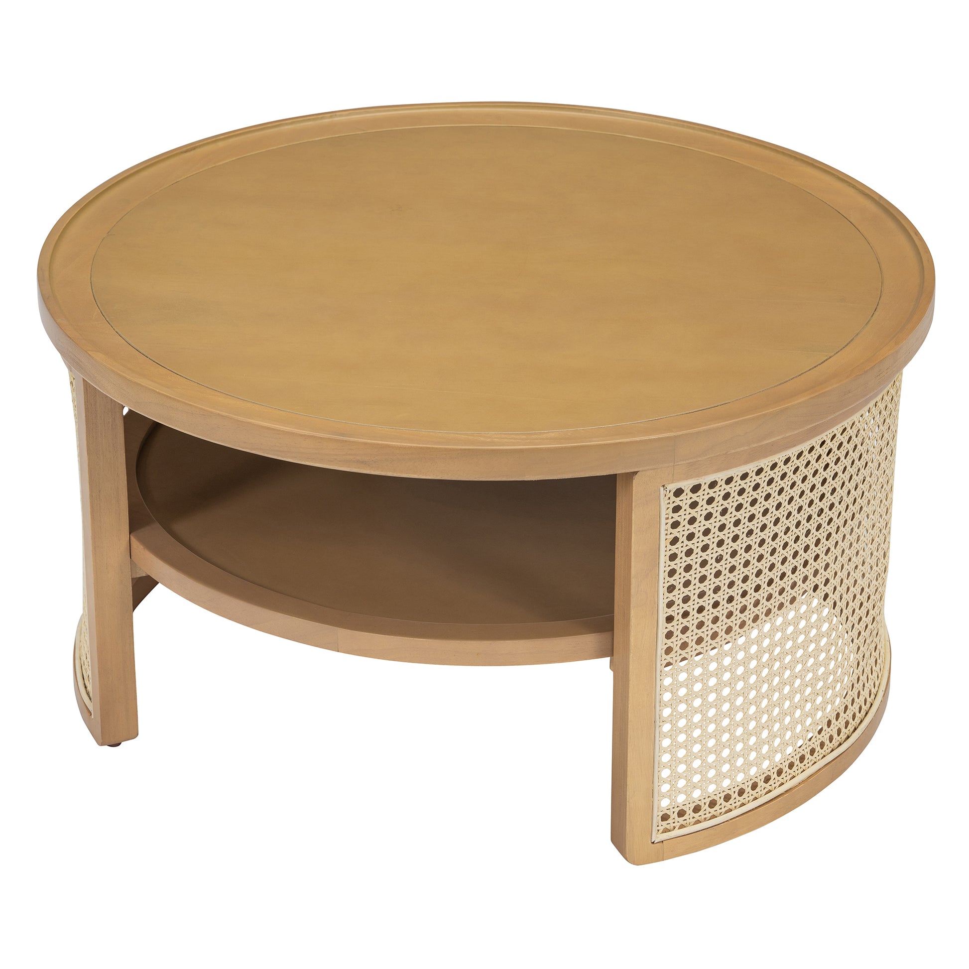 2 Tiered Round Natural Wood Coffee Table With Storage Rattan Base In 31.3'' Natural Rubber Wood