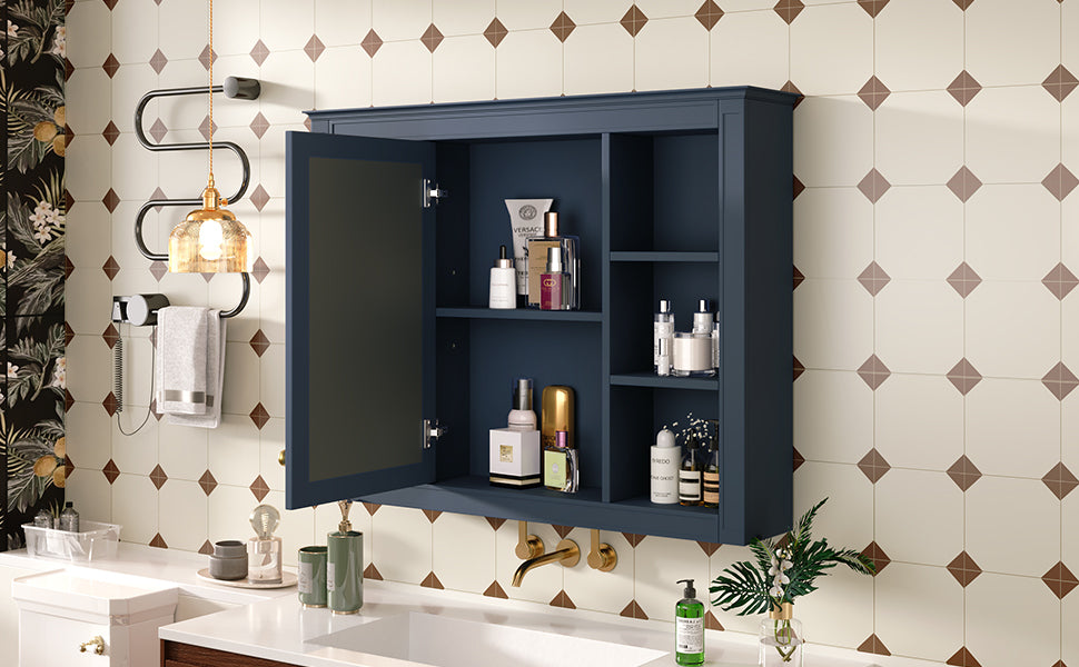 35'' X 27.5'' Medicine Cabinet, Wall Mounted Bathroom Storage Cabinet, Modern Bathroom Wall Cabinet With Mirror, Mirror Cabinet With 6 Open Shelves Not Include Bathroom Vanity Blue 1 5 Mirror Included Bathroom Wall Mounted Mdf Painted