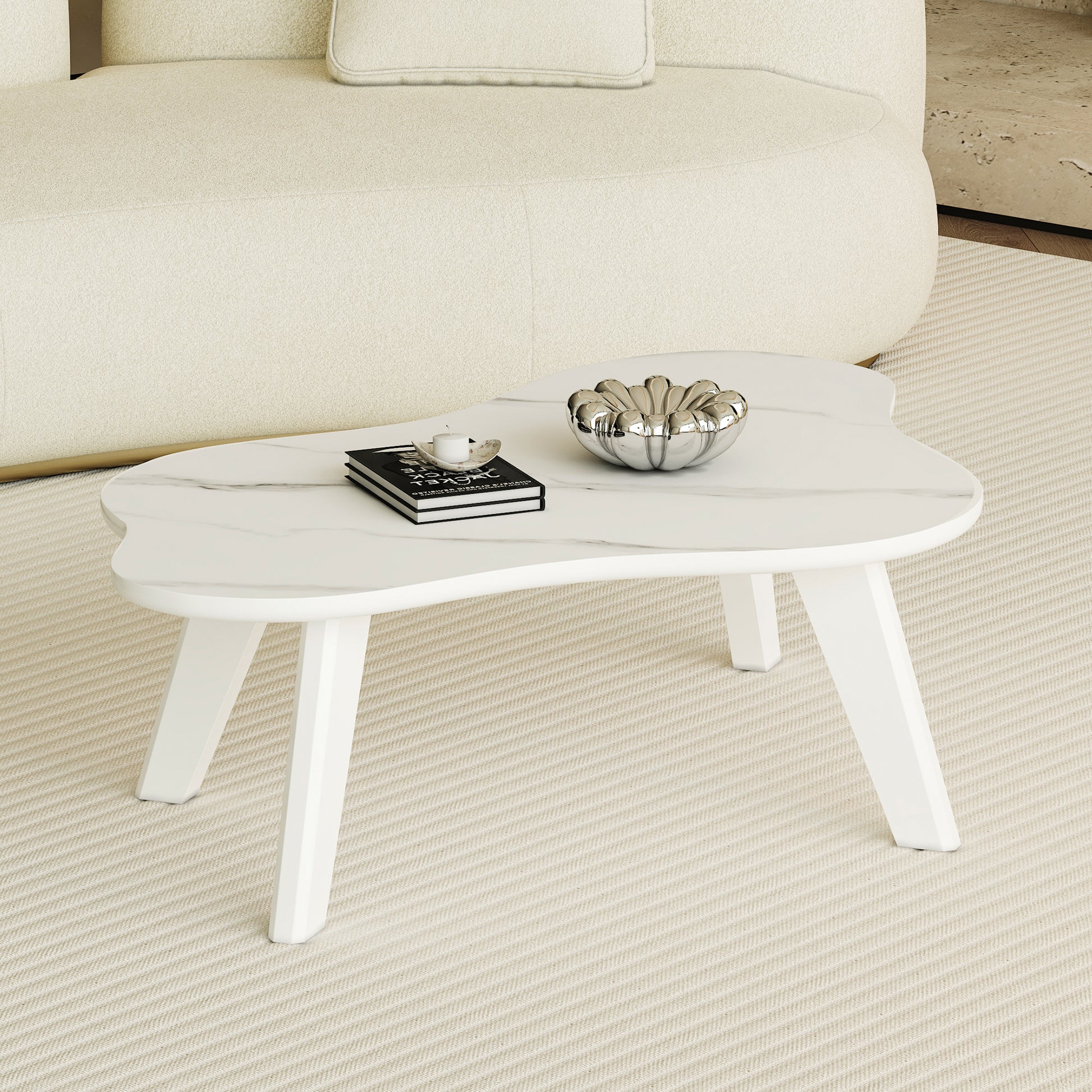Modern Minimalist White Imitation Marble Tabletop Coffee Table. Solid Wood Spray Painted Desk Legs, Cloud Shape To Give You A Experience, Computer Desk. Suitable For Dining And Living Rooms. White Mdf