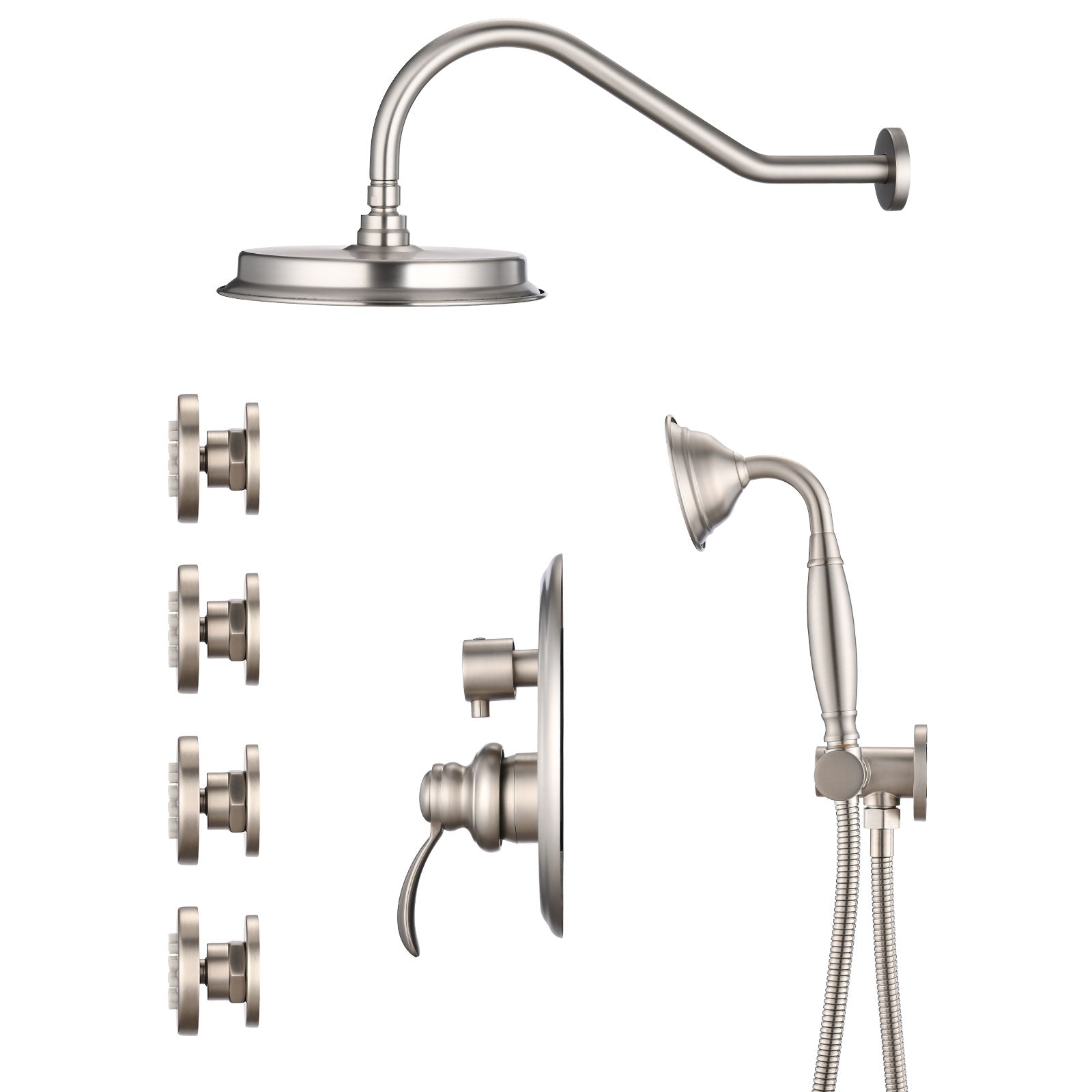 Brushed Nickel Shower System With Handheld And 4 Body Sprays Brushed Nickel Brass