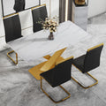 Table And Chair Set, The Table Is Equipped With A Marble Patterned Mdf Tabletop And Gold Table Legs.The Chair Is Equipped With Pu Synthetic Leather High Back Cushion And Gold Coated Metal Legs. Gold Black Seats 4 Mdf Metal