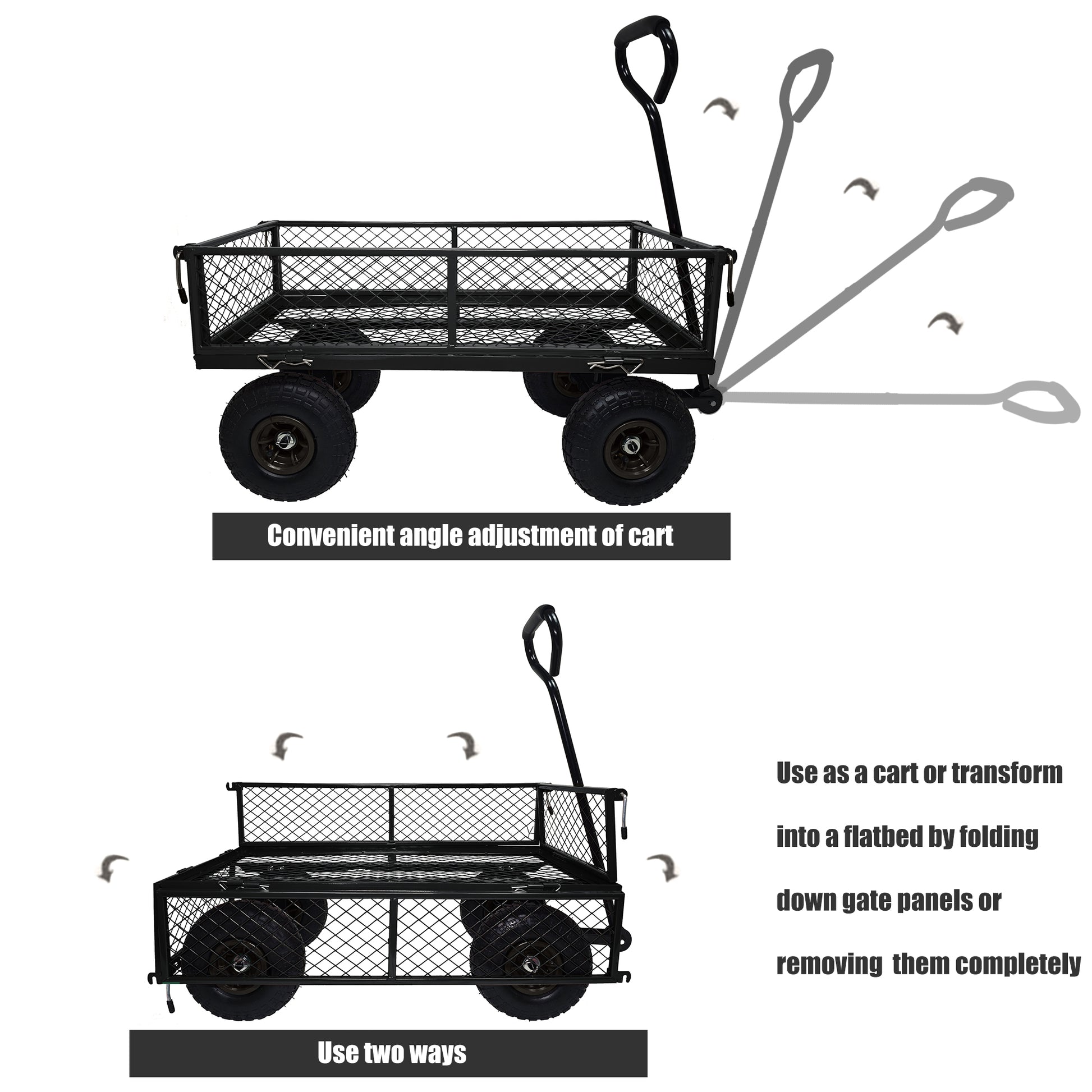 3 Cu. Ft. 300 Lbs. Capacity Removable Sides Metal Steel Mesh Heavy Duty Utility Wagon Outdoor Garden Cart In Black Black Steel