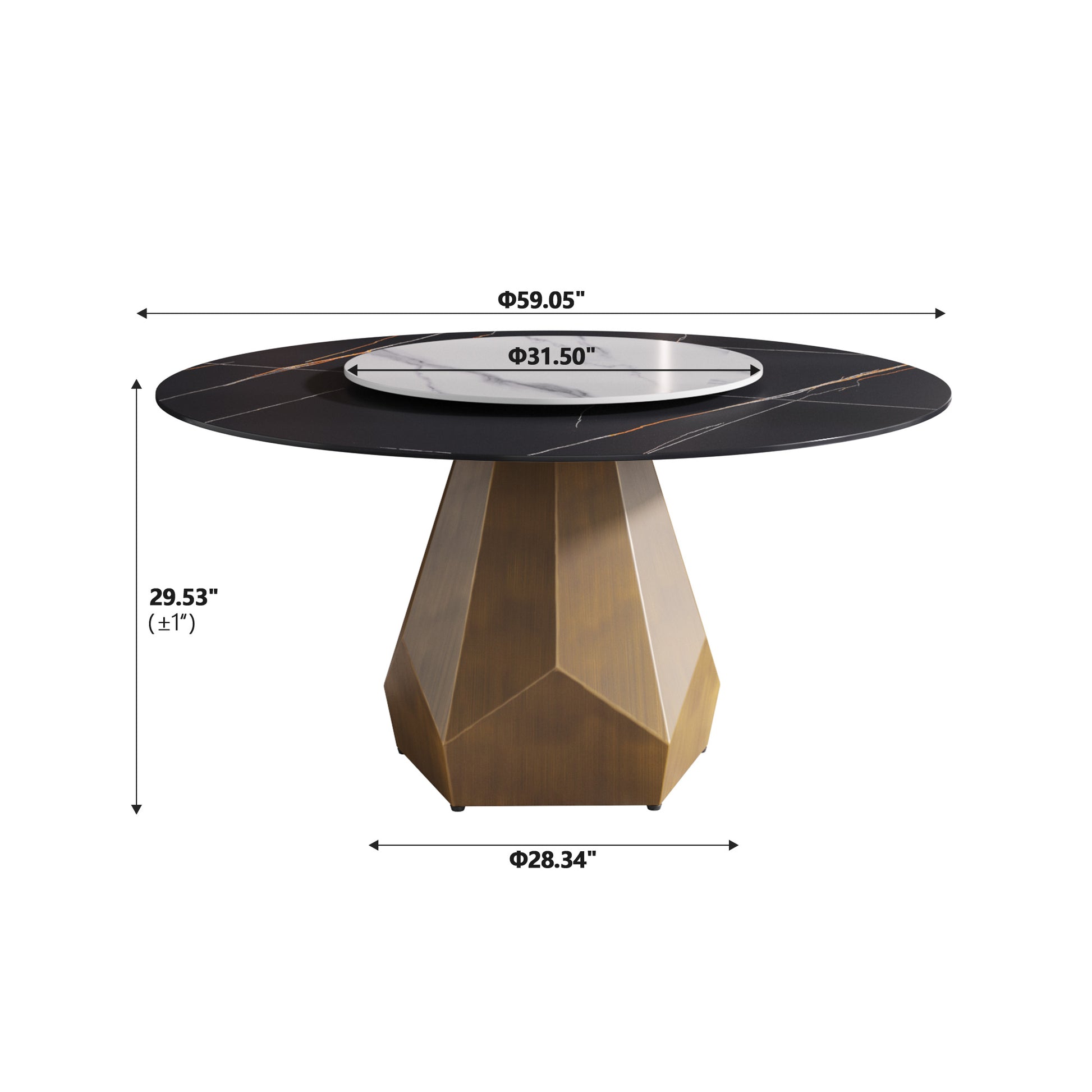 59.05" Round Marble Dining Table With Metal Base, Artificial Marble For 6 8 People, 31.5"White Artificial Stone Turntable,White&Black Dining Table Only Antique Brass,Black,White Metal Marble