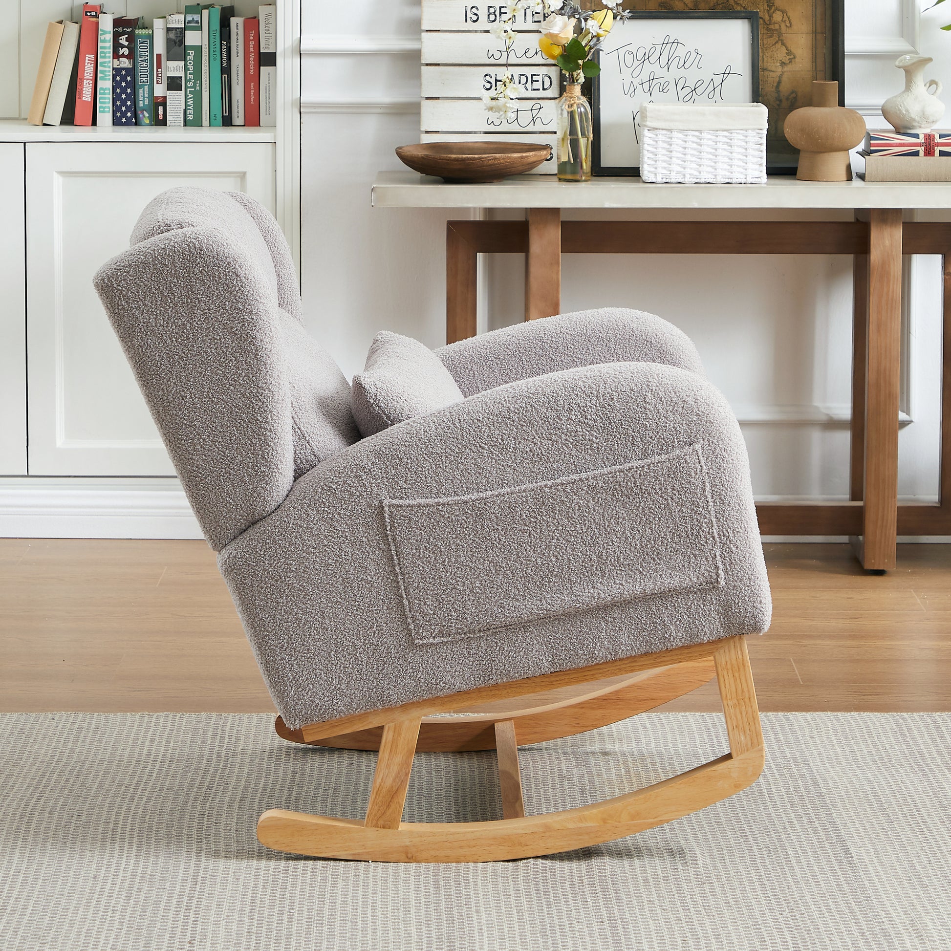 27.2"W Modern Accent High Backrest Living Room Lounge Arm Rocking Chair, Two Side Pocket Grey Foam Fabric