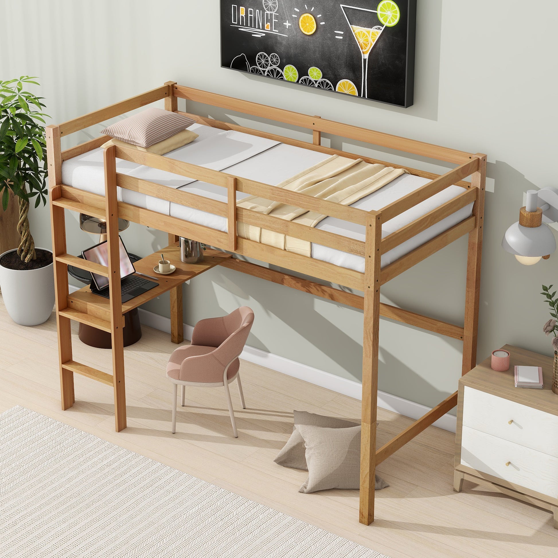 Twin High Loft Bed, Rubber Wood Loft Bed With Safety Guardrail, Built In Desk, Ladder,White Oak Twin White Oak Abs Rubber Steel Q235 ,Rubber Wood