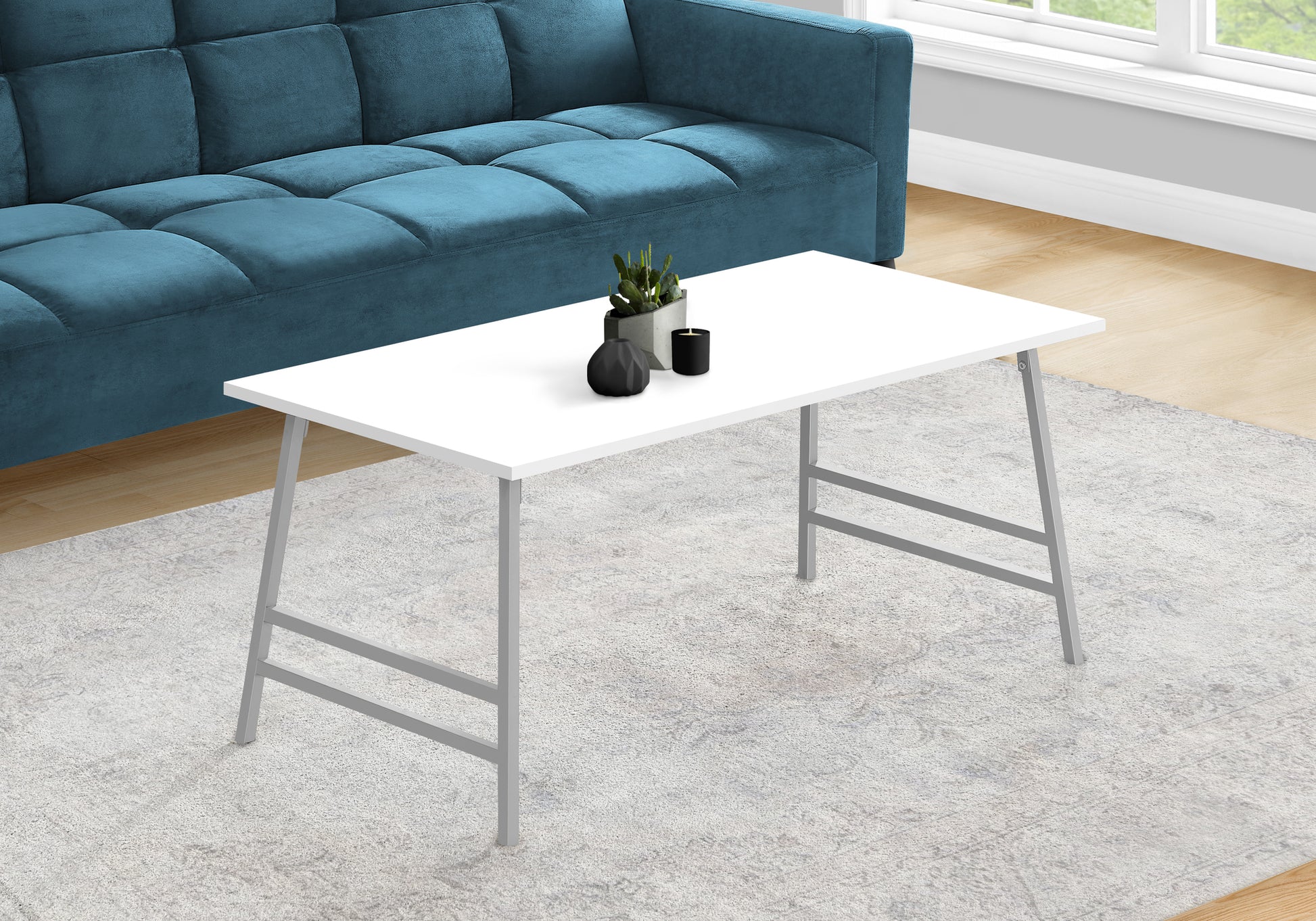 Coffee Table, Accent, Cocktail, Rectangular, Living Room, 40"L, White Laminate, Grey Metal, Contemporary, Modern White Mdf