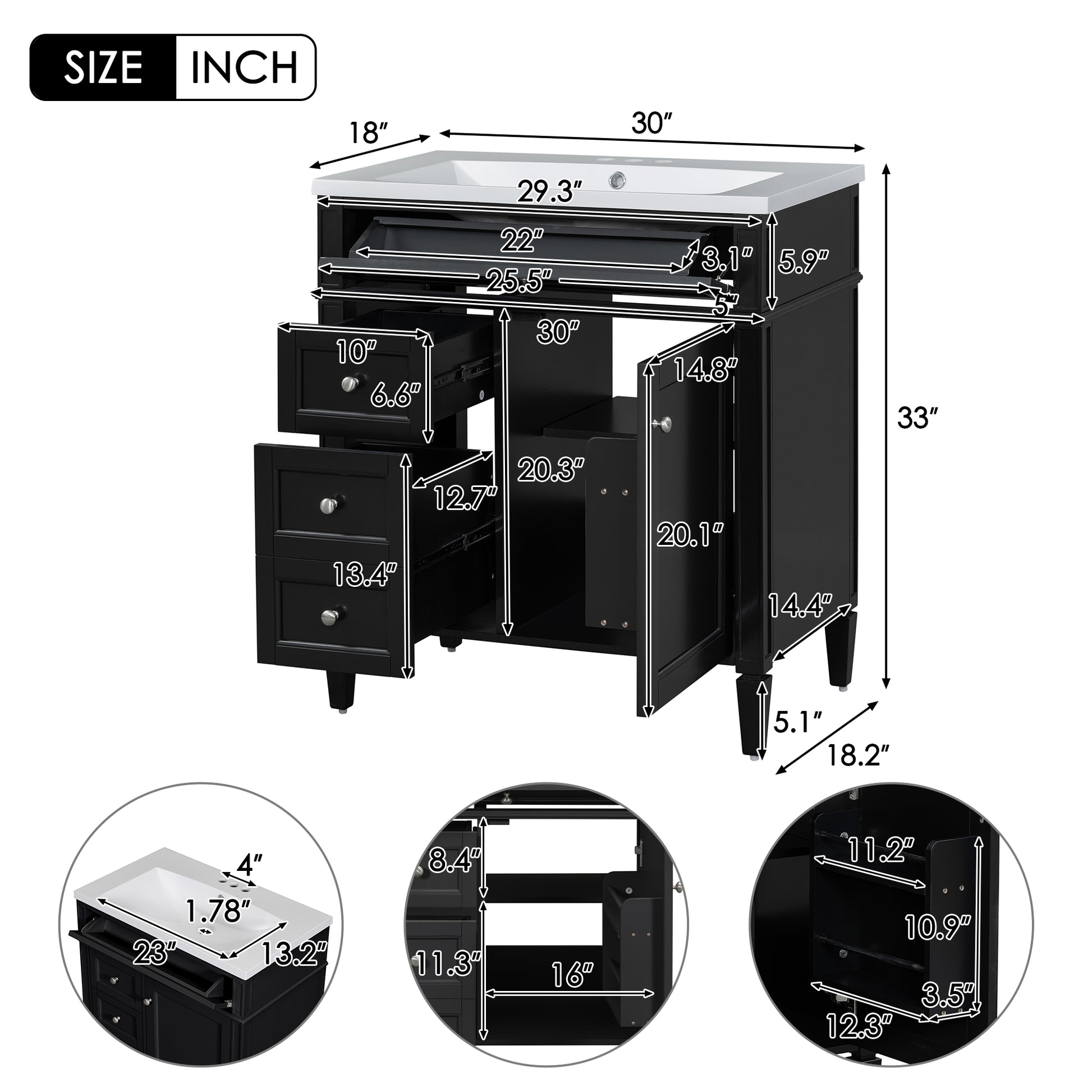 30'' Bathroom Vanity With Top Sink, Modern Bathroom Storage Cabinet With 2 Drawers And A Tip Out Drawer, Single Sink Bathroom Vanity Black Bathroom Solid Wood Mdf