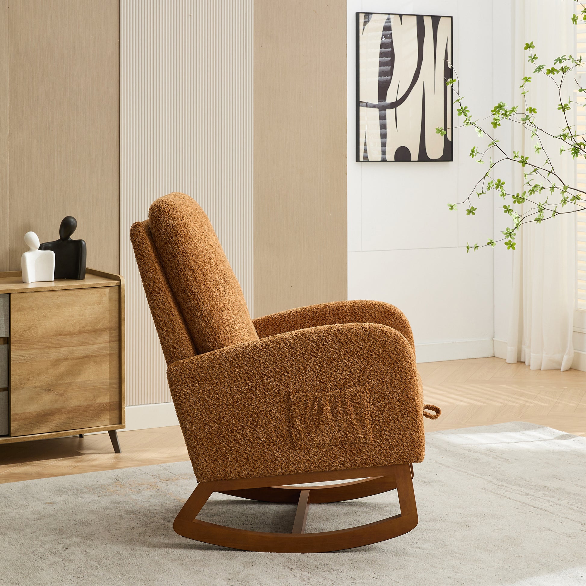 25.4"W Rocking Chair For Nursery, High Back Glider Chair With Retractable Footrest, Side Pocket, Rocking Accent Armchair With Rubber Wood Legs For Living Room Bedroom.Caramel Caramel Boucle