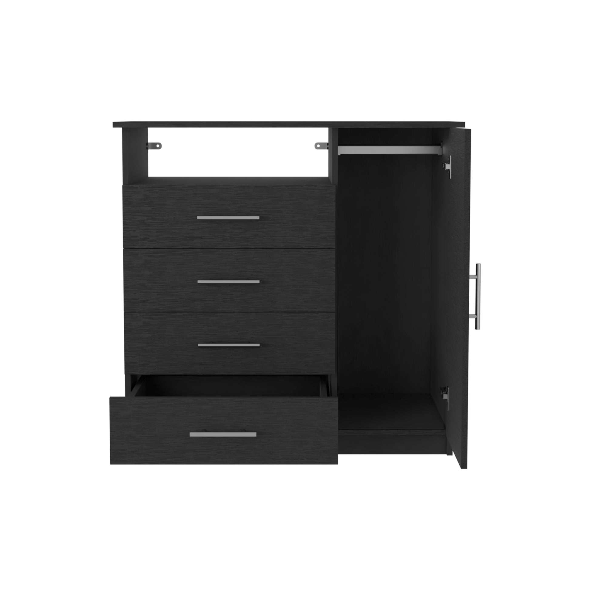 4 Drawer Dresser, One Open Shelf, Superior Top, Single Door Cabinet, Black Black Solid Wood Mdf Engineered Wood