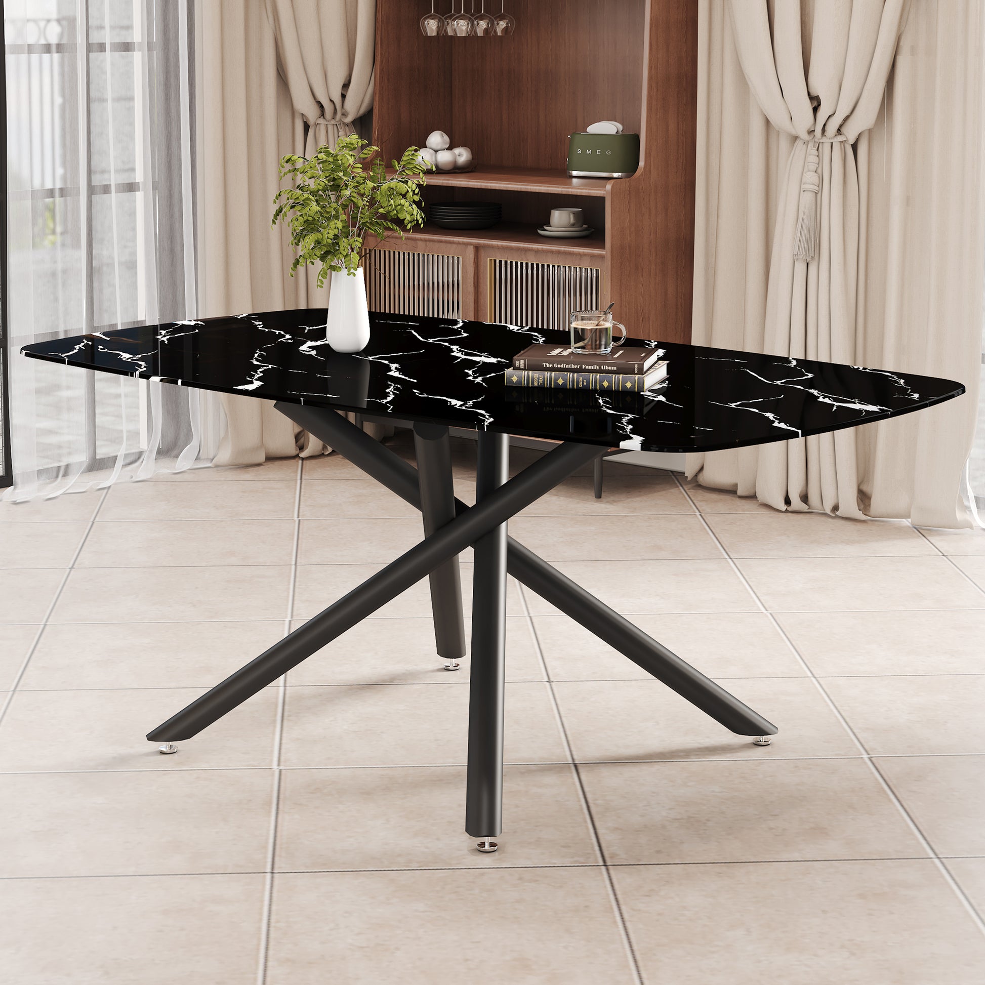 Large modern minimalist rectangular dining table with black-glass+metal
