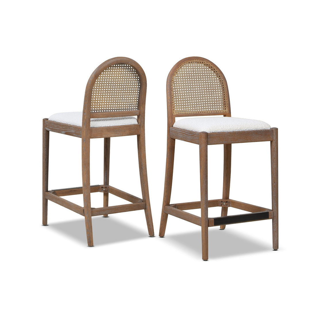 Panama 26.5" Curved Back Cane Rattan Counter Stool, Set Of 2, Ivory White Boucle White Foam Wood Fabric Rattan