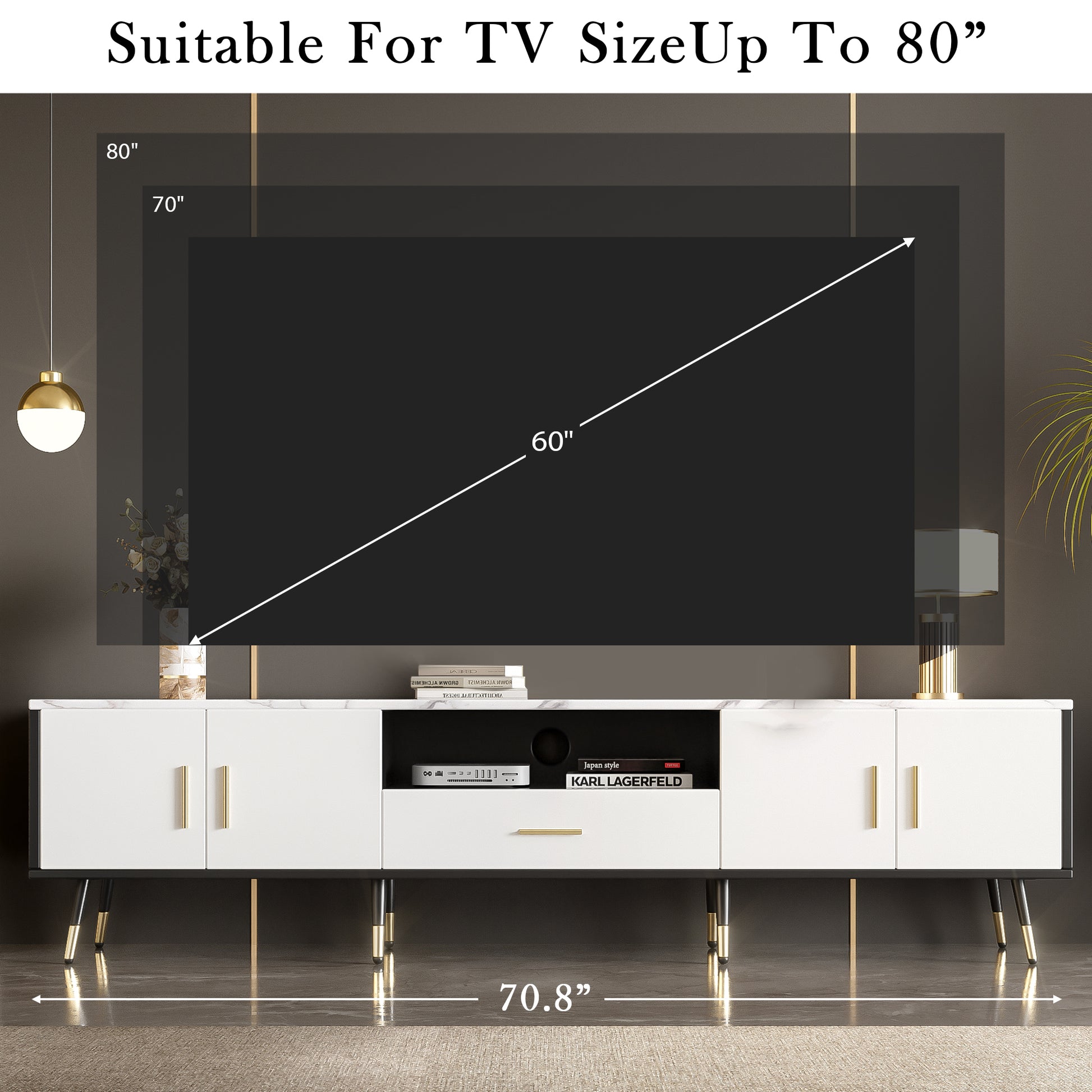 71'' Modern Tv Stand With 2 Cabinets& Open Compartments, Entertainment Center For Tvs Up To 80'', Television Console For Living Room, Bedroom, Home Theatre White Black Primary Living Space 70 79
