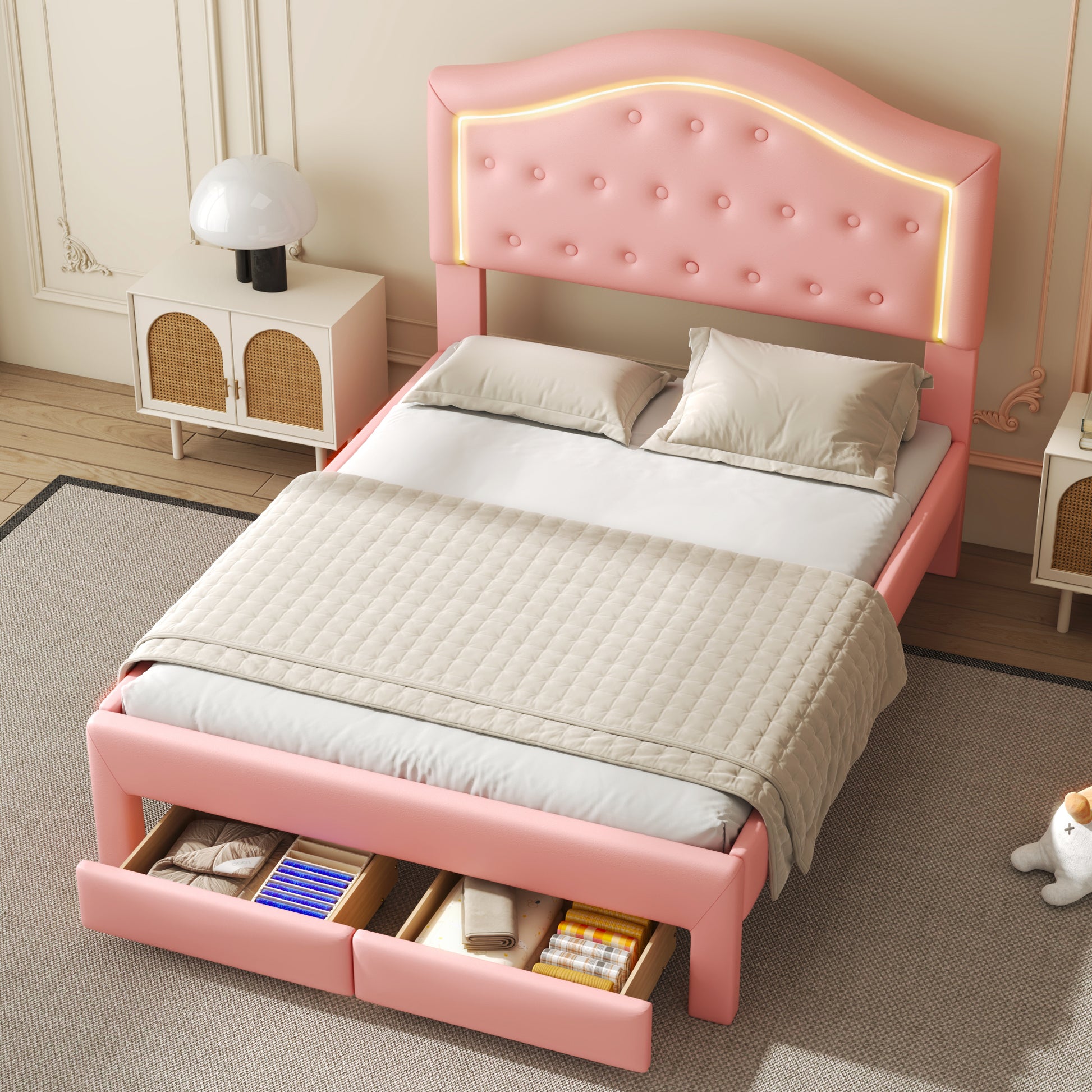 Full Size Upholstered Platform Bed With Tufted Headboard, Led And 2 Drawers, Pink Box Spring Not Required Full Pink Wood Bathroom Bed Frame Faux Leather Upholstered