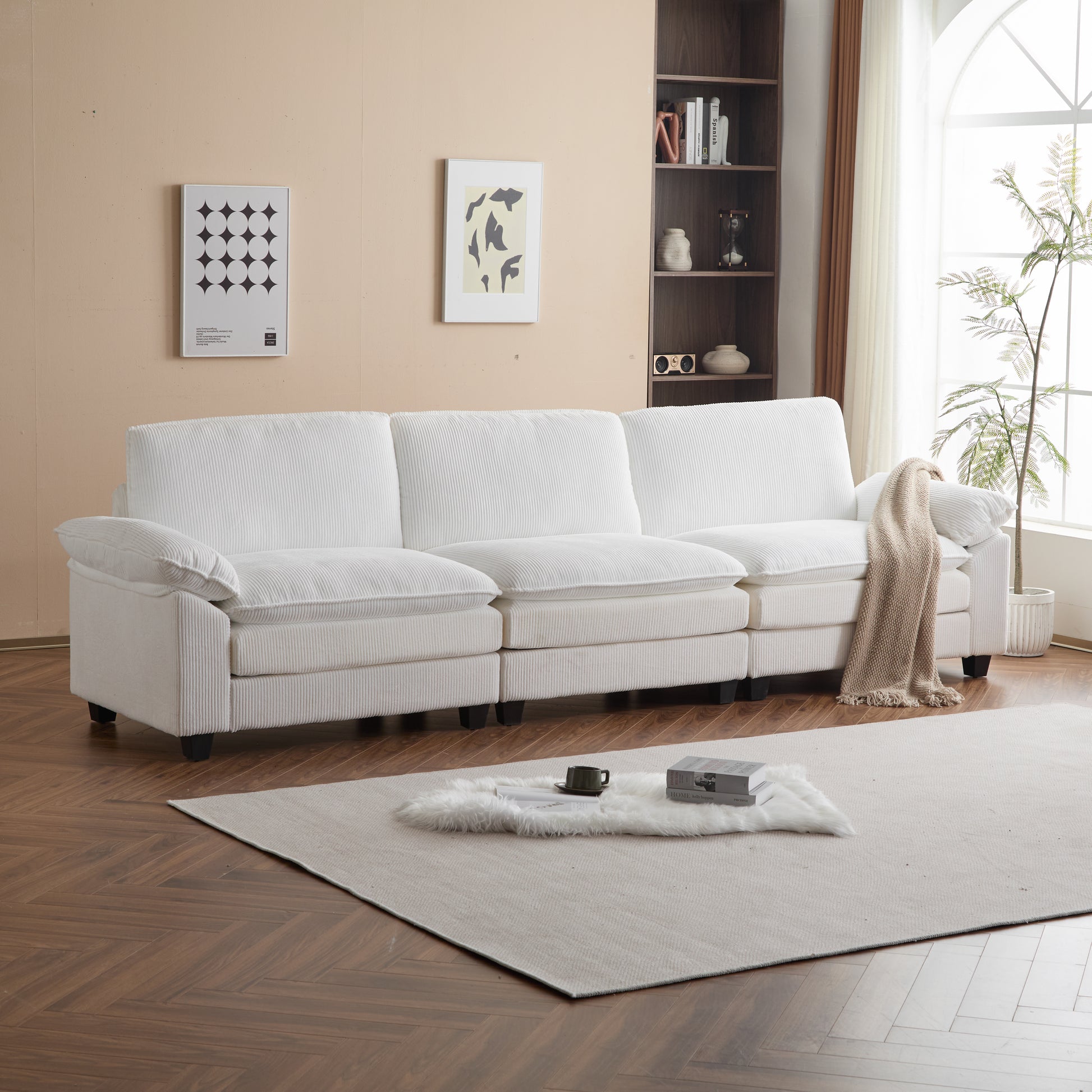 Modular Sectional Sofa With Movable Ottoman,L Shaped Corduroy Fabric Couch With High Supportive & Soft Sponges And Removable Ottoman, Sleeper Comfy Upholstered Furniture For Living Room Beige Beige