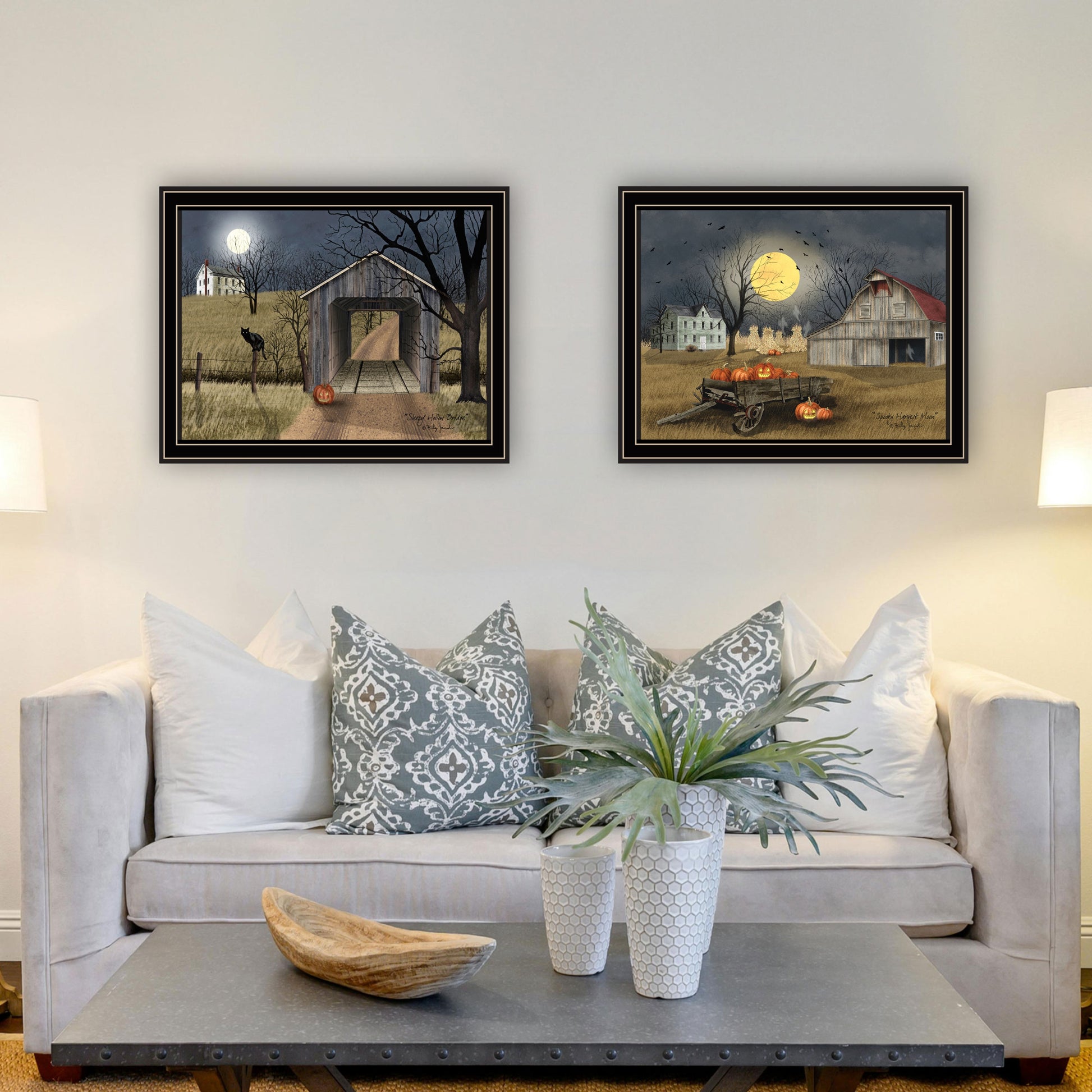 2 Piece Vignette Halloween Season In The Country Black Framed Wall Art For Living Room, Bedroom Wall Art Print For Home Decor By Billy Jacobs Multicolor Wood Paper