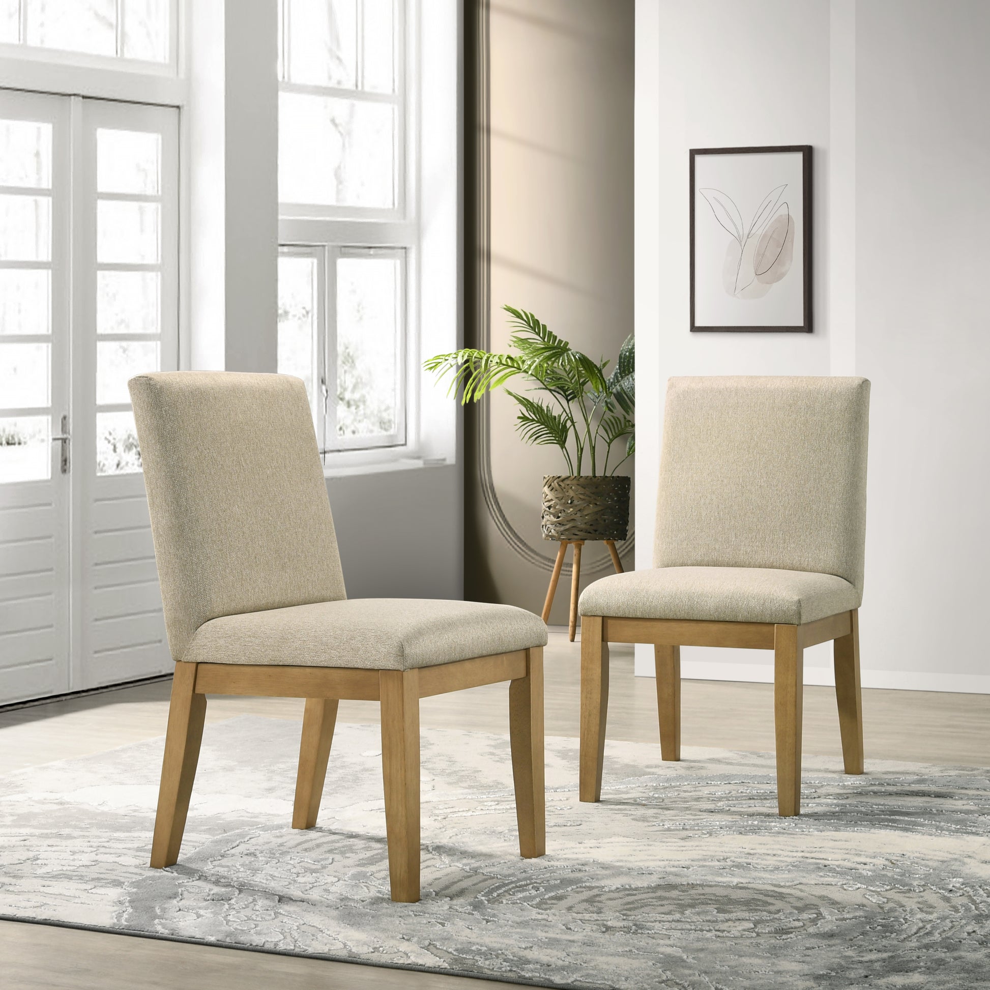 Rocco Contemporary Solid Wood Dining Chairs, Set Of 2 Solid Light Brown Dining Room Rubberwood Solid Back Set Of 2 Beige Brown Polyester Spot Clean Square Contemporary,Modern Dining Chairs Fabric Wood Fabric