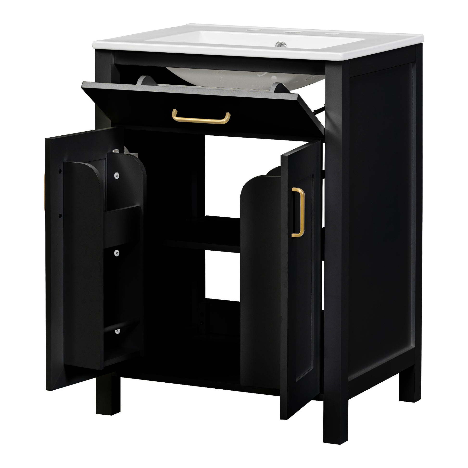 24"Bathroom Vanity Combo With Ceramic Sink, Luxurious Space Saving Vanity W24"*D18"*H34"Inch, 2 Soft Close Doors Black Bathroom Solid Wood Mdf