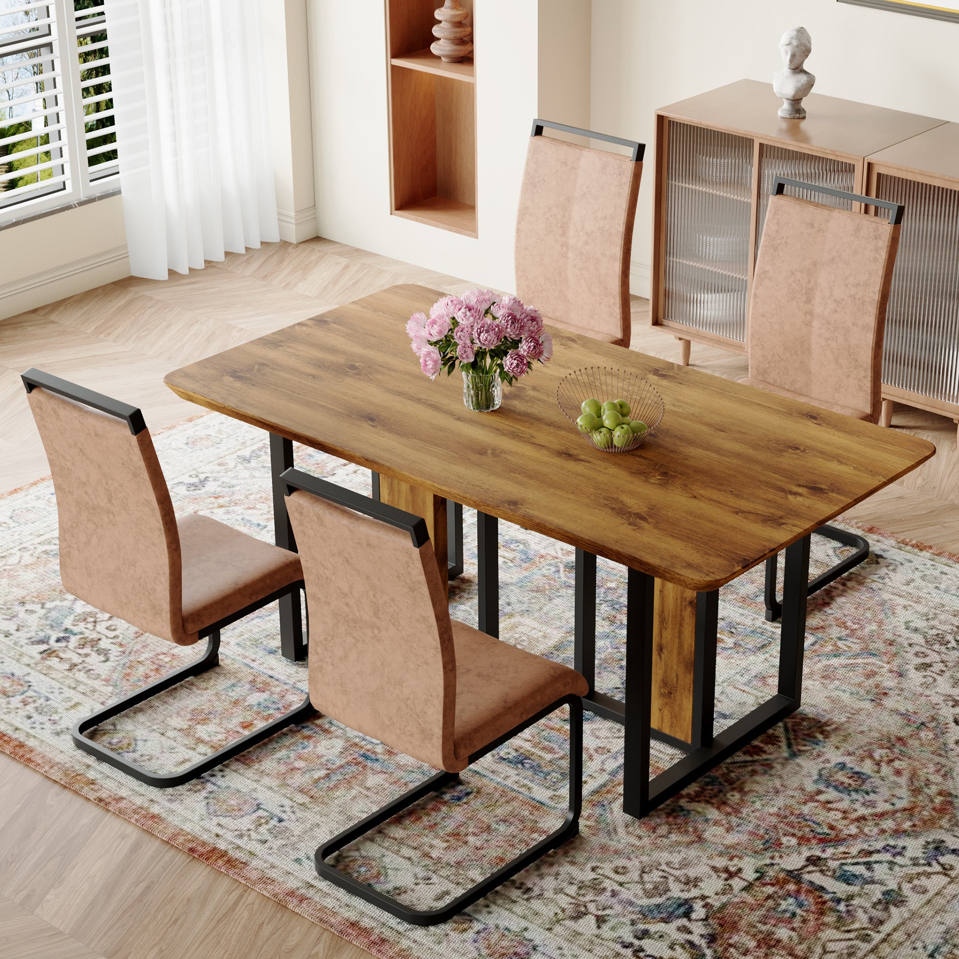 Table And Chair Set.67"X36" Wood Textured Mdf Dining Table Set With 4 Brown Fabric Chairs.Mdf Sticker,Wood Colored Texture Sticker,Black C Tube Dining Chair Legs,Suitable For Kitchen,Dining