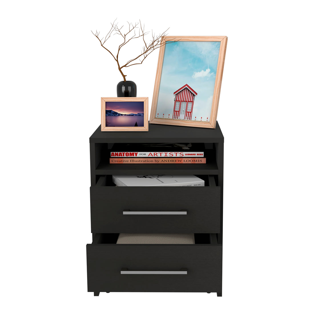 Greter 24" Two Drawer Night Stand With Open Shelf Black Black Particle Board