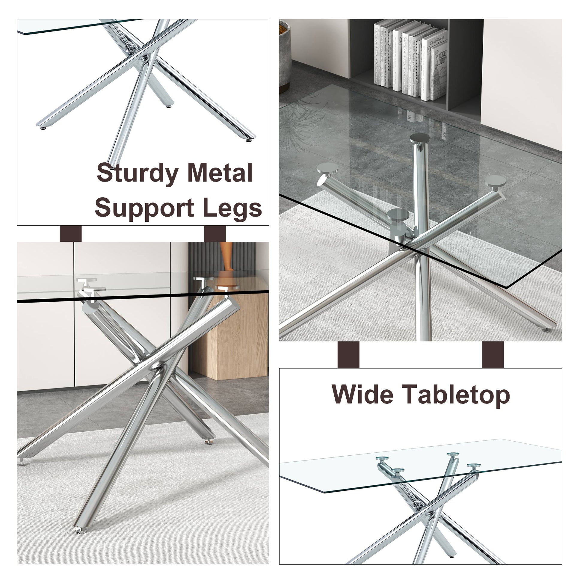 Table And Chair Set.Modern Luxurious Transparent Tempered Glass Dining Table Set With Transparent Pp Chairs.6 Multiple Transparent High Quality Pp Dining Chairs With Silver Legs. Transparent Seats 6