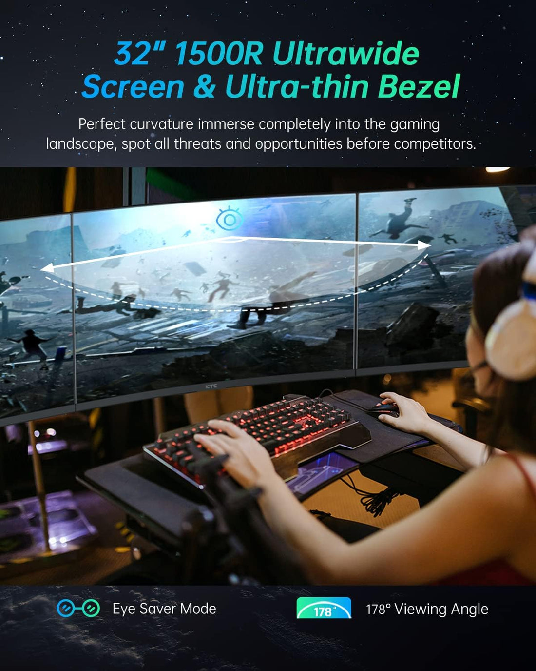 Ktc 32 Inch Curved Gaming Monitor, 2K 170Hz Monitor, 1440P 144Hz Monitor, 1500R Frameless, 1Ms, Hdr, Freesync Premium, Displayport Hdmi Usb, Vesa Wall Mount, Pc Monitor, H32S17 Black Metal