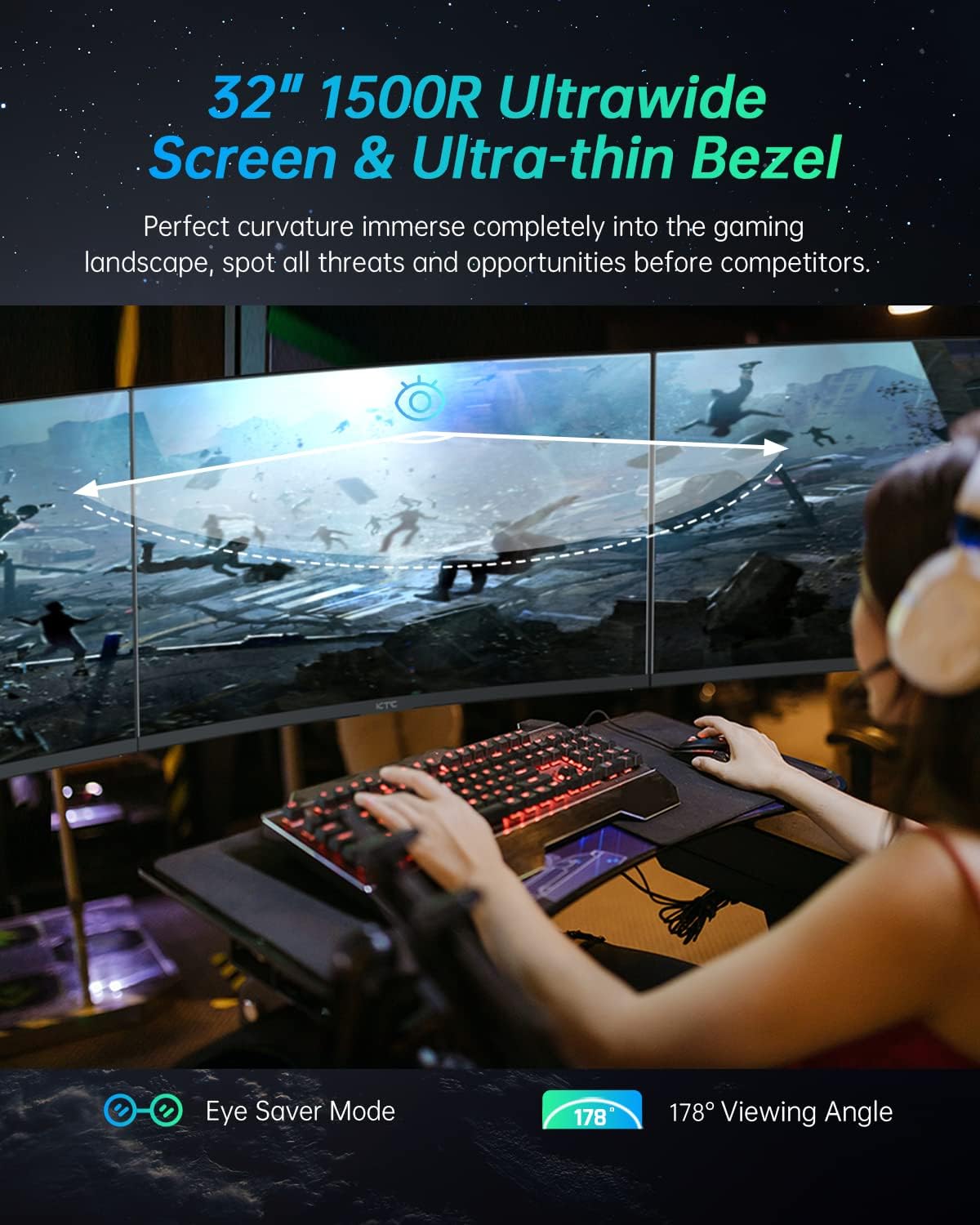 Ktc 32 Inch Curved Gaming Monitor, 2K 170Hz Monitor, 1440P 144Hz Monitor, 1500R Frameless, 1Ms, Hdr, Freesync Premium, Displayport Hdmi Usb, Vesa Wall Mount, Pc Monitor, H32S17 Black Metal