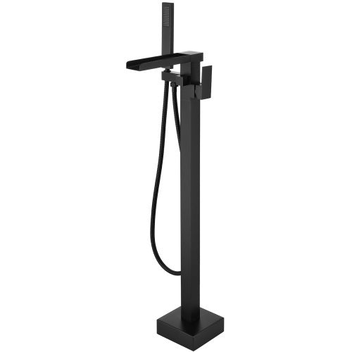 Matte Black Freestanding Tub Filler Floor Mount Faucet With Handheld Shower And Waterfall Spout Matte Black Brass