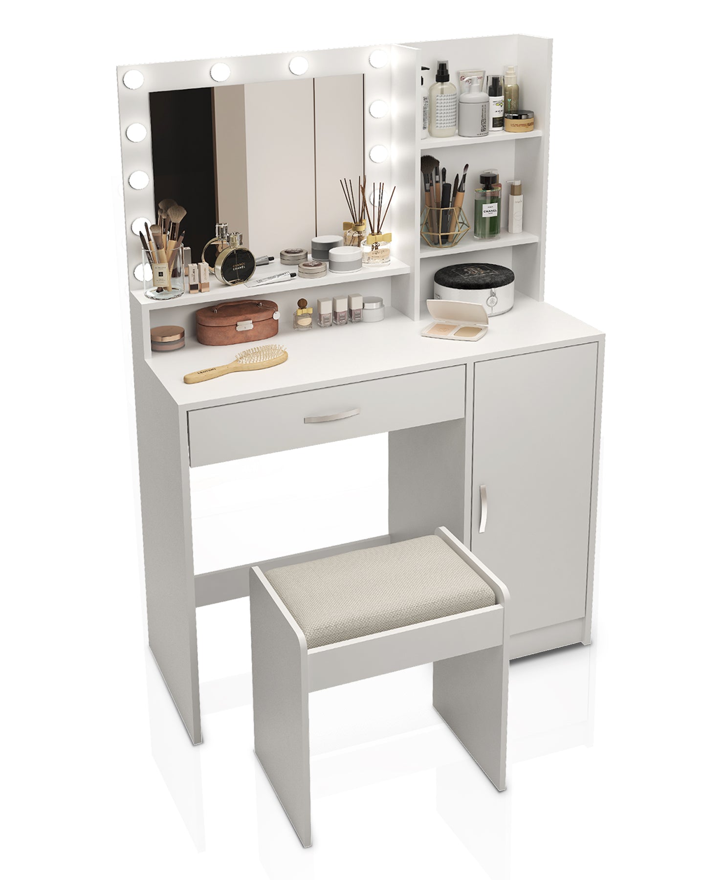 Vanity Desk With Mirror & Light, Large Drawer Three Level Storage Dresser, 3 Lighting Modes Adjustable Brightness, Bedroom Dressing Table White With Stool White Particle Board