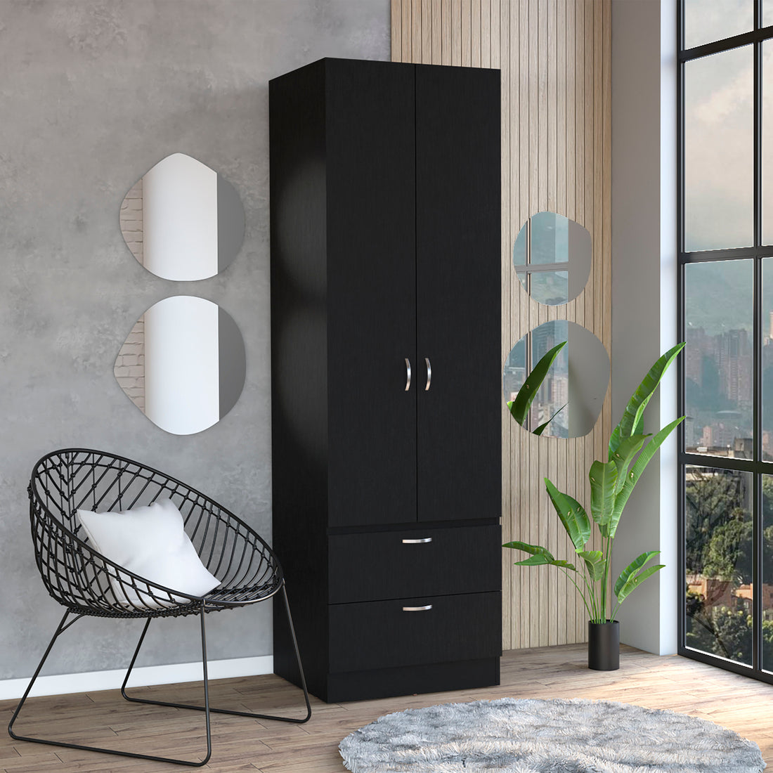 Vico 76" High Armoire Wardrove Closet With 2 Drawers, Double Door Cabinetone Shelf And Hanging Rod, Bedroom Clothes Storage Cabinet Organizer Black Bedroom Modern Particle Board Engineered Wood