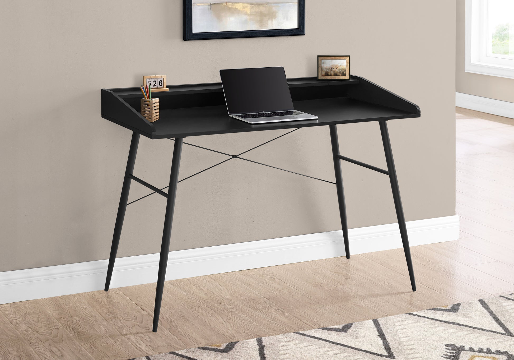 Computer Desk, Home Office, Laptop, Storage Shelves, 48"L, Work, Black Laminate, Black Metal, Contemporary, Modern Black Particle Board