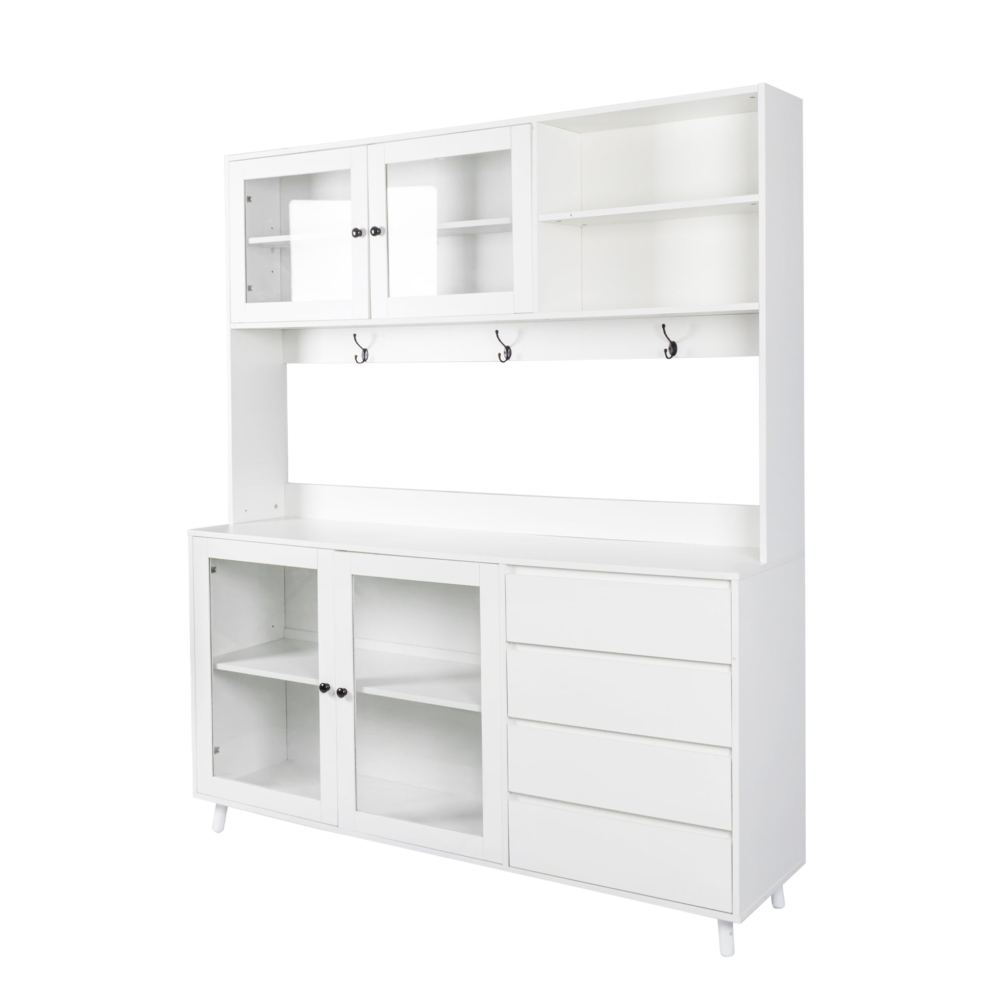 63" W Large Kitchen Hutch Cabinet, Freestanding Pantry Cabinets Storage Kitchen Cupboard With 4 Doors, 4 Drawers & Microwave Shelf, White White Mdf