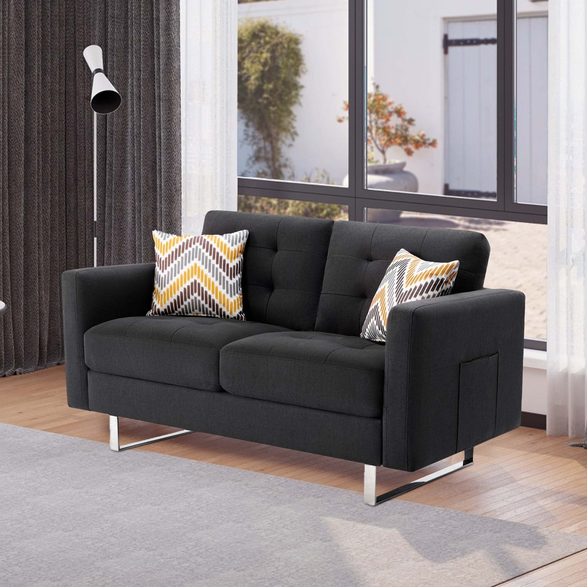 Caden 54 Inch Modern Loveseat With Side Pocket And 2 Pillows, Dark Gray Dark Gray Wood Fabric 2 Seat