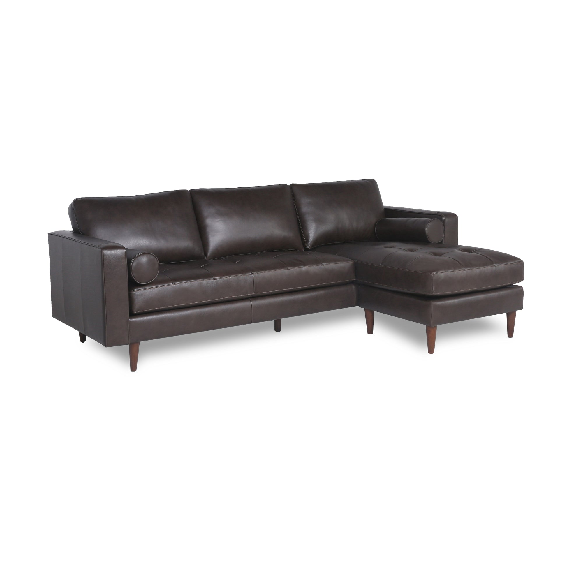 Mid Century Tufted Leather Sectional With Reversible Chaise Espresso Leather 3 Seat