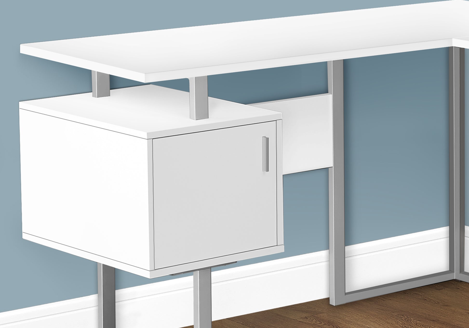 Computer Desk, Home Office, Corner, Storage, 58"L, L Shape, Work, Laptop, White Laminate, Grey Metal, Contemporary, Modern White Particle Board