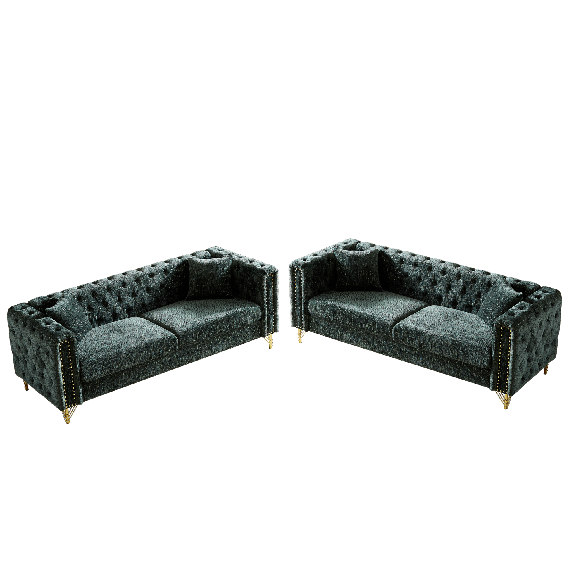 Chenille Pull Buckle Design Sofa For Living Room,Buttons Tufted With Copper Nail Decoration Armrest, Modern Couch Upholstered Button And Metal Legs Green Foam Chenille 6 Seat