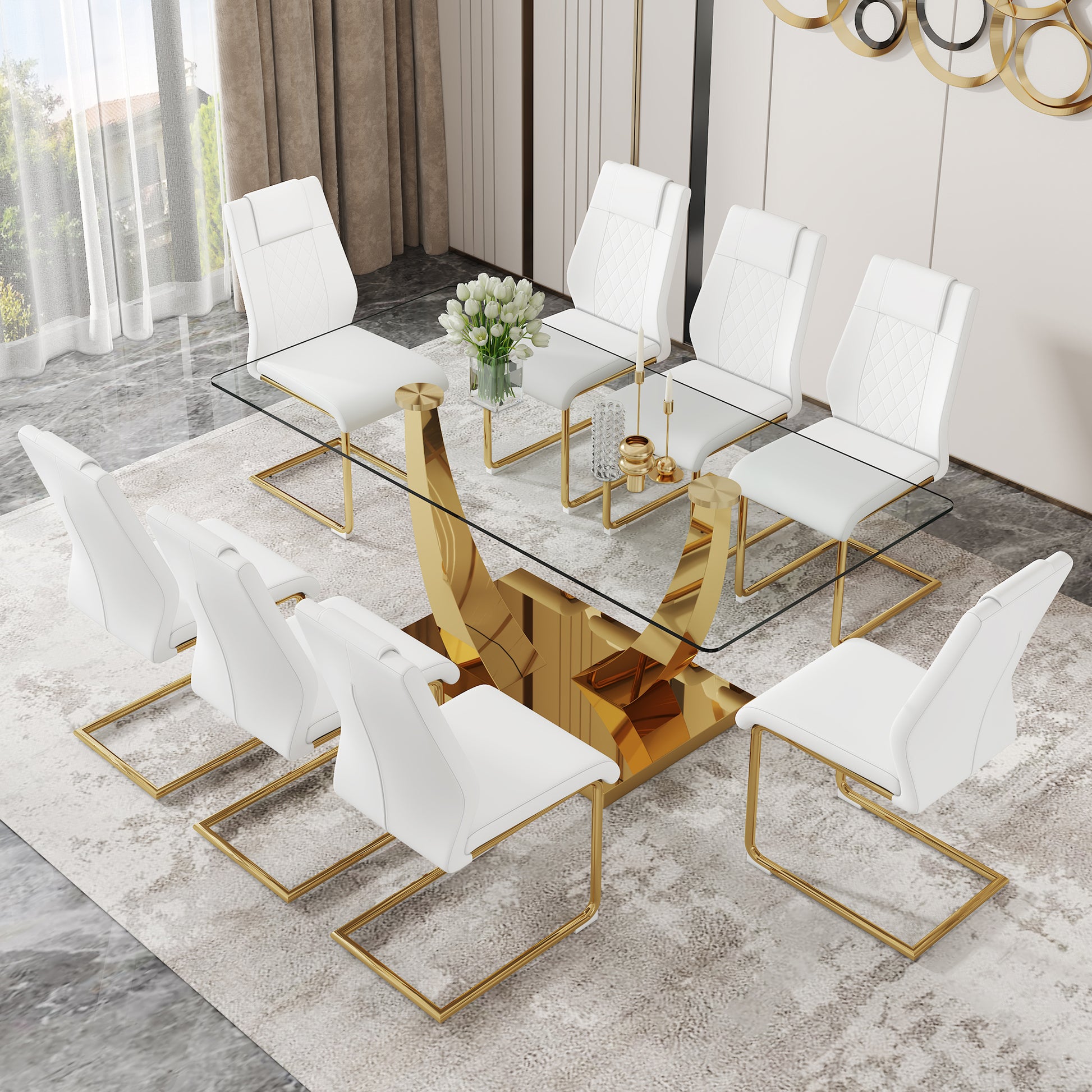 Table And Chair Set.Modern Rectangular Dining Table With Transparent Tempered Glass Tabletop And Gold Plated Metal Legs.Paried With 8 Comfortable Chairs With Pu Seats And Golden Metal Legs. Transparent,White Gold Seats 8 Glass Metal