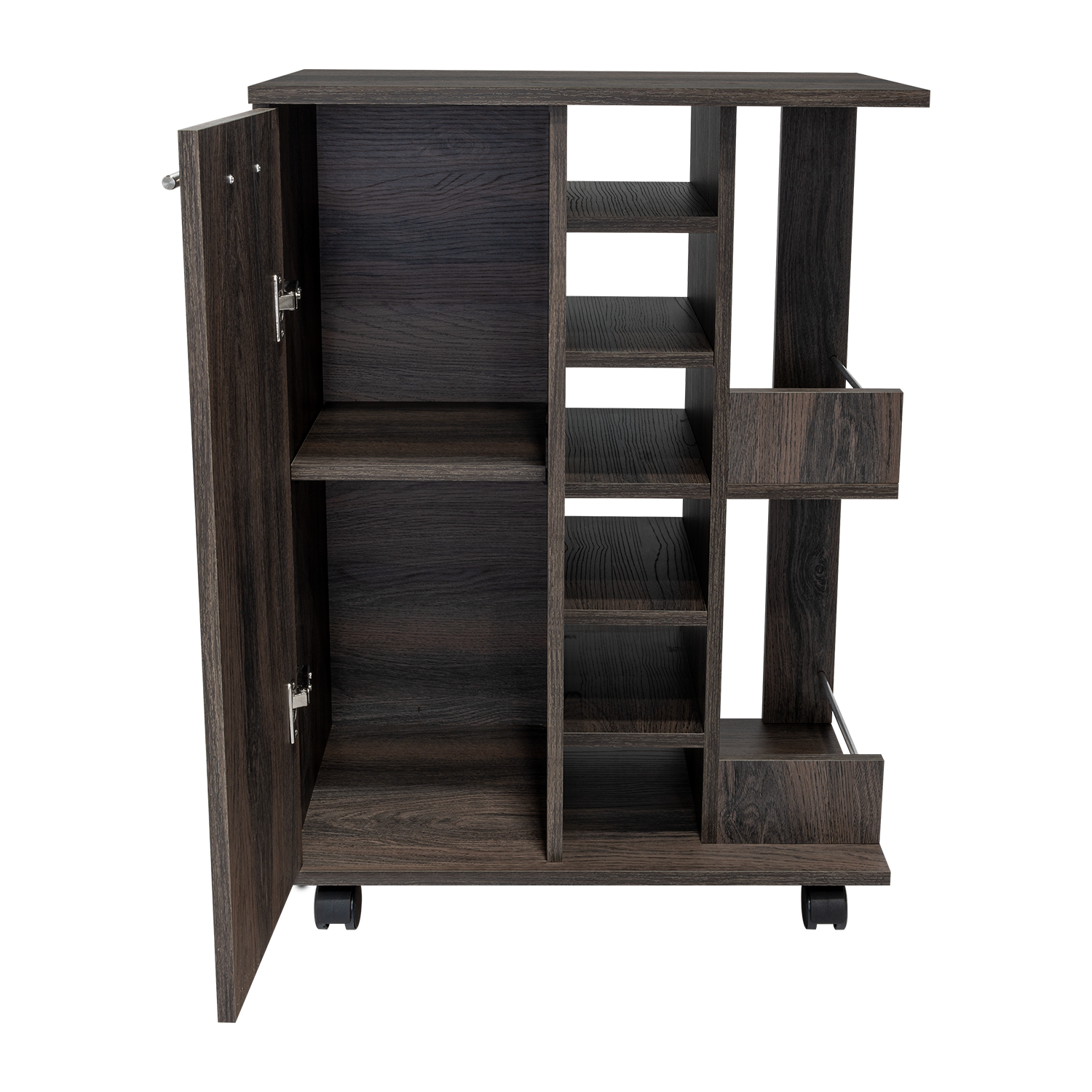 Bar Cart, Two External Shelves, Four Casters, Six Built In Wine Rack, Single Door Cabinet Espresso Brown Primary Living Space Particle Board Particle Board