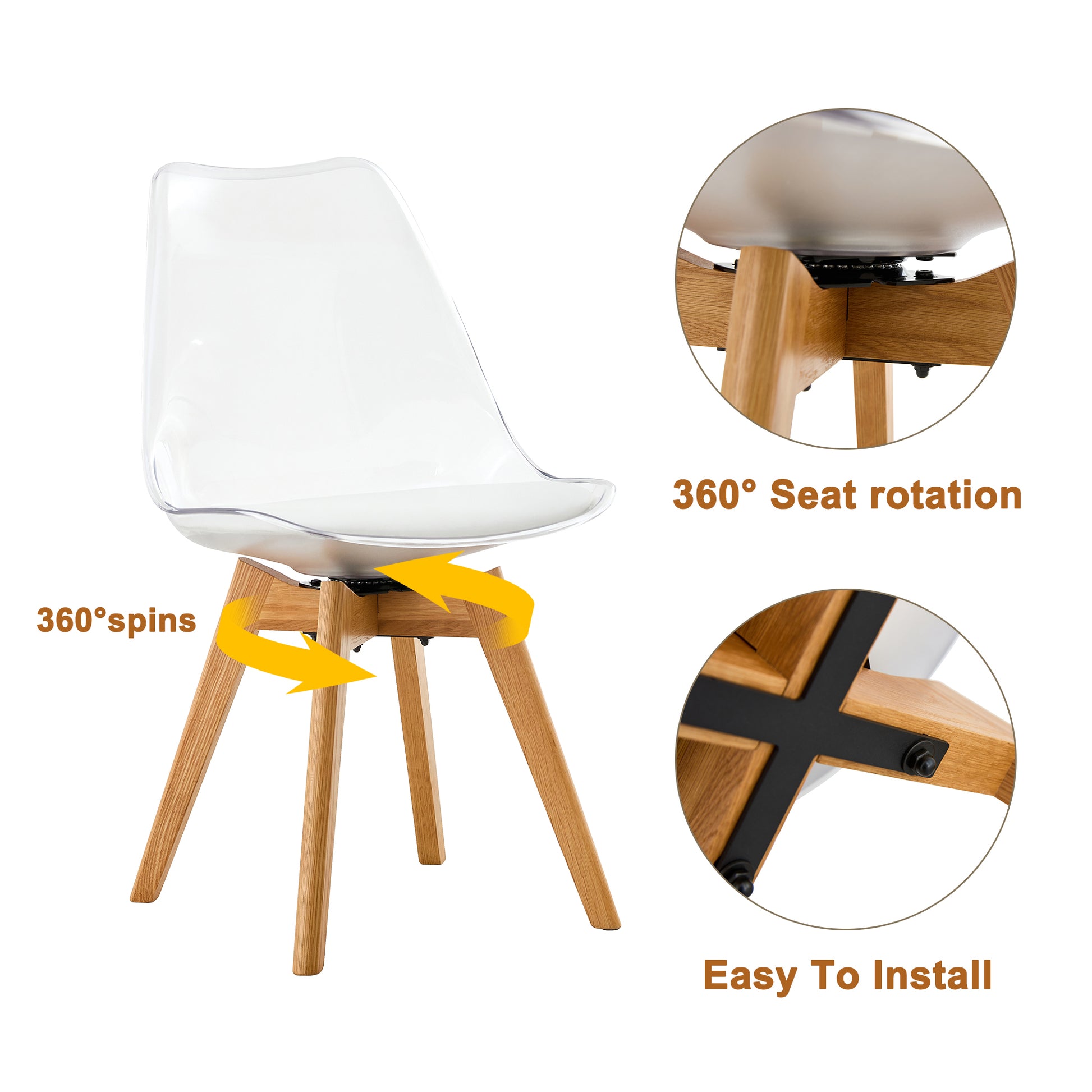 Modern Chairs Can Rotate 360 Degrees. The Backrest Is Made Of Pet Material, The Seat Cushion Is Made Of Pu Material, And The Support Legs Are Made Of Oak. Set Of 4 White Wood