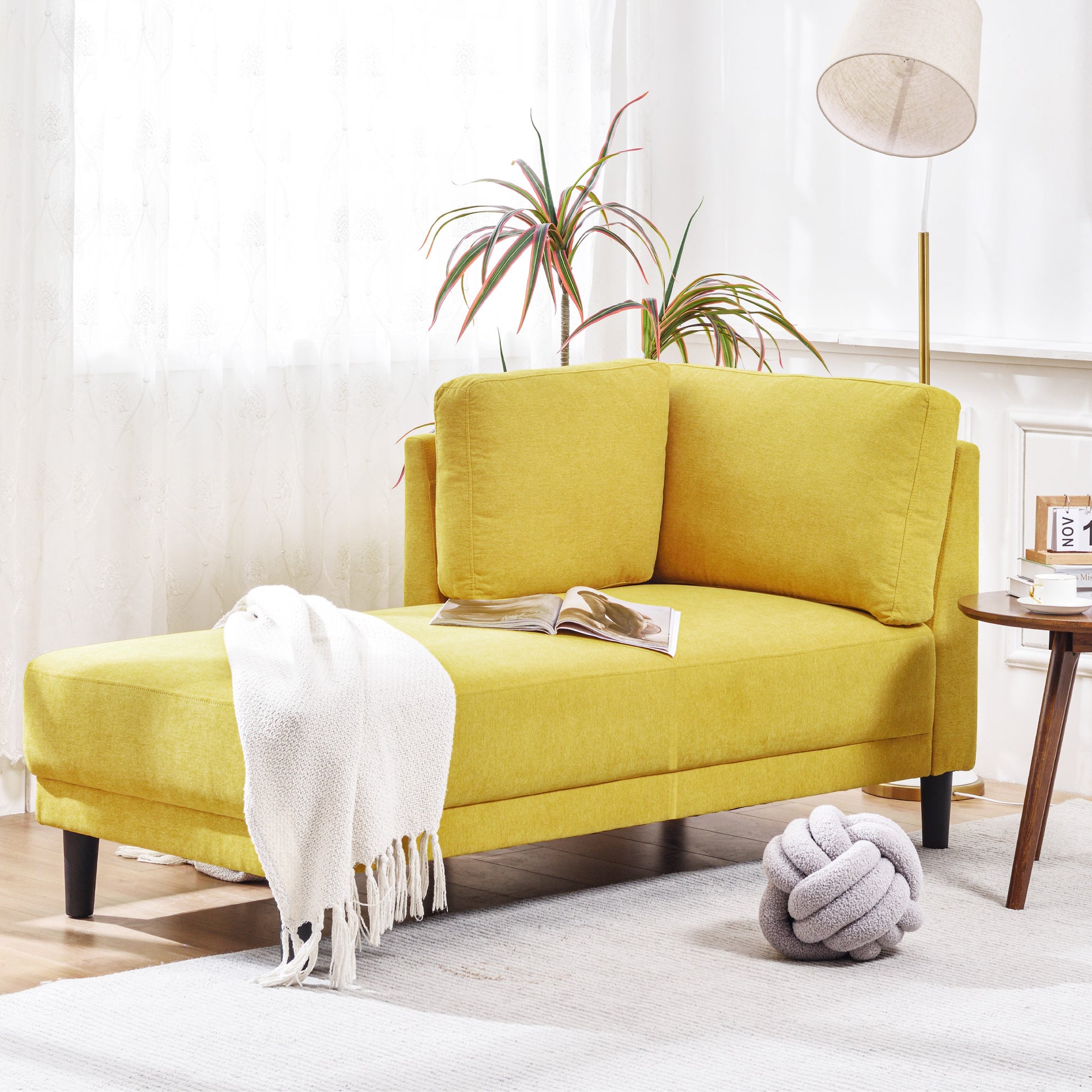 Video 65" Mid Century Modern Linen Fabric Corner Lounge Chair, Upholstered Indoor Chaise Lounge,Sleeper Sofa Bed,Leisure Sofa Recliner For Bedroom,Office,Small Living Room & Apartment,3 Colors Yellow Fabric Fabric