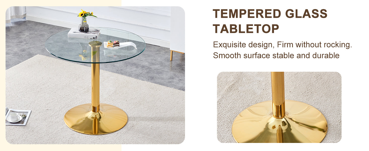 A 35 Inch Diameter Glass Top And A Modern, Minimalist Round Dining Table With Gold Metal Legs. Ideal For Dining Rooms, Living Rooms And Meeting Rooms. Model: Dt 1166 Gold Glass Metal