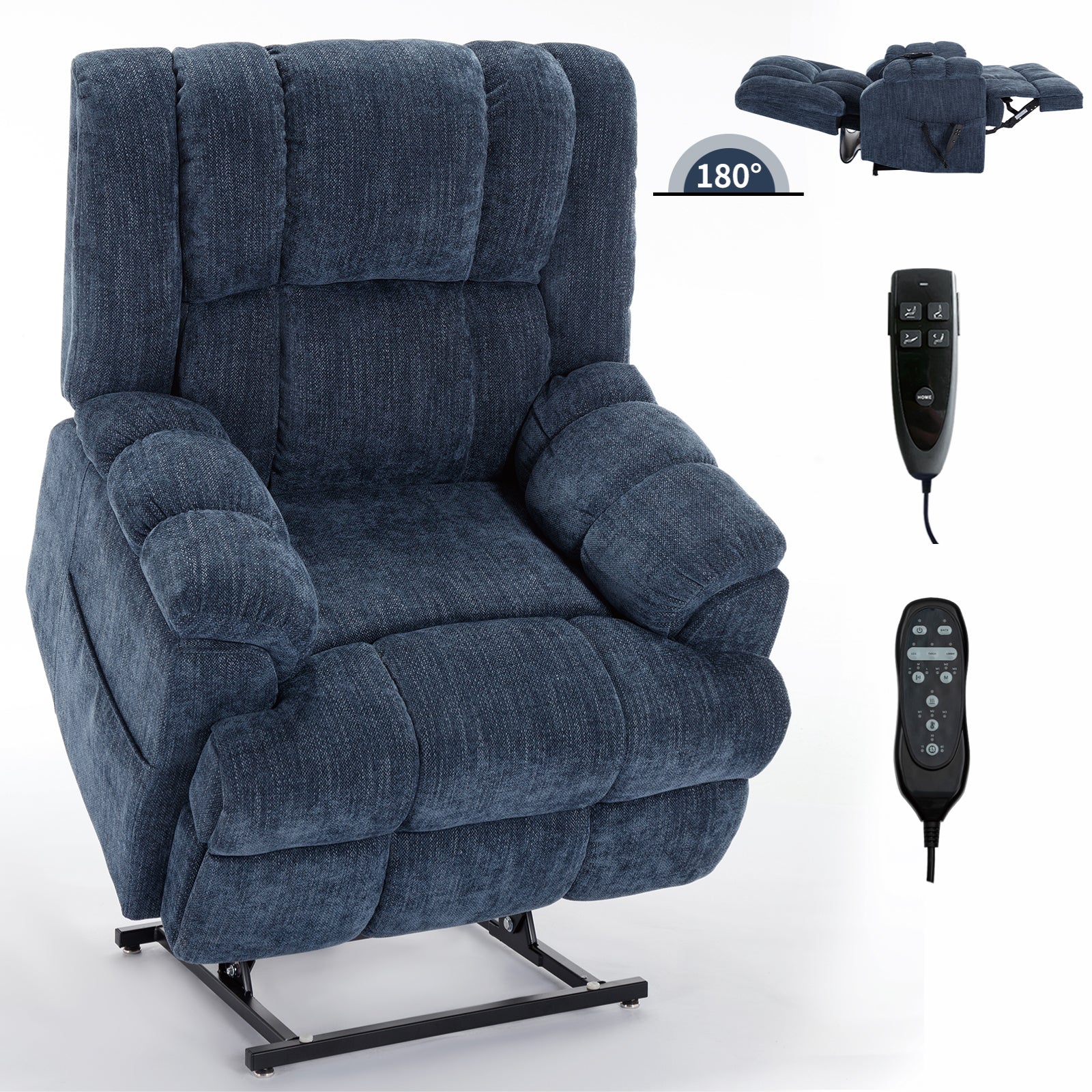 Dual Motor Heat Massage Infinite Position Up To 350 Lbs Electric Power Lift Recliners With Power Remote, Medium Firm And Heavy Duty, Blue Blue Chenille Power Remote Metal Primary Living Space Medium Firm Pillow Back Heavy Duty American Design Pine Pillow