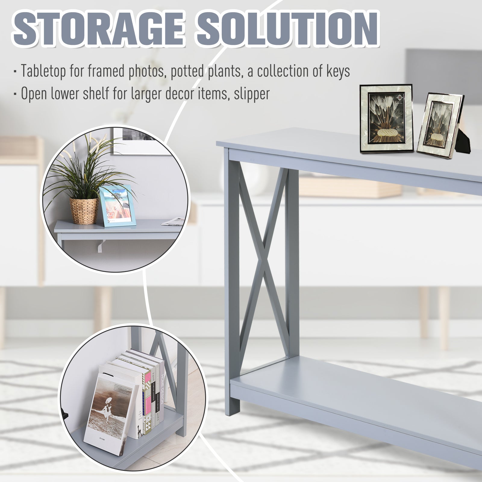 Homcom 2 Tier Console Table, Sofa Side Table With Storage Shelf, X Design For Entryway, Living Room, And Hallway, Grey Grey Mdf