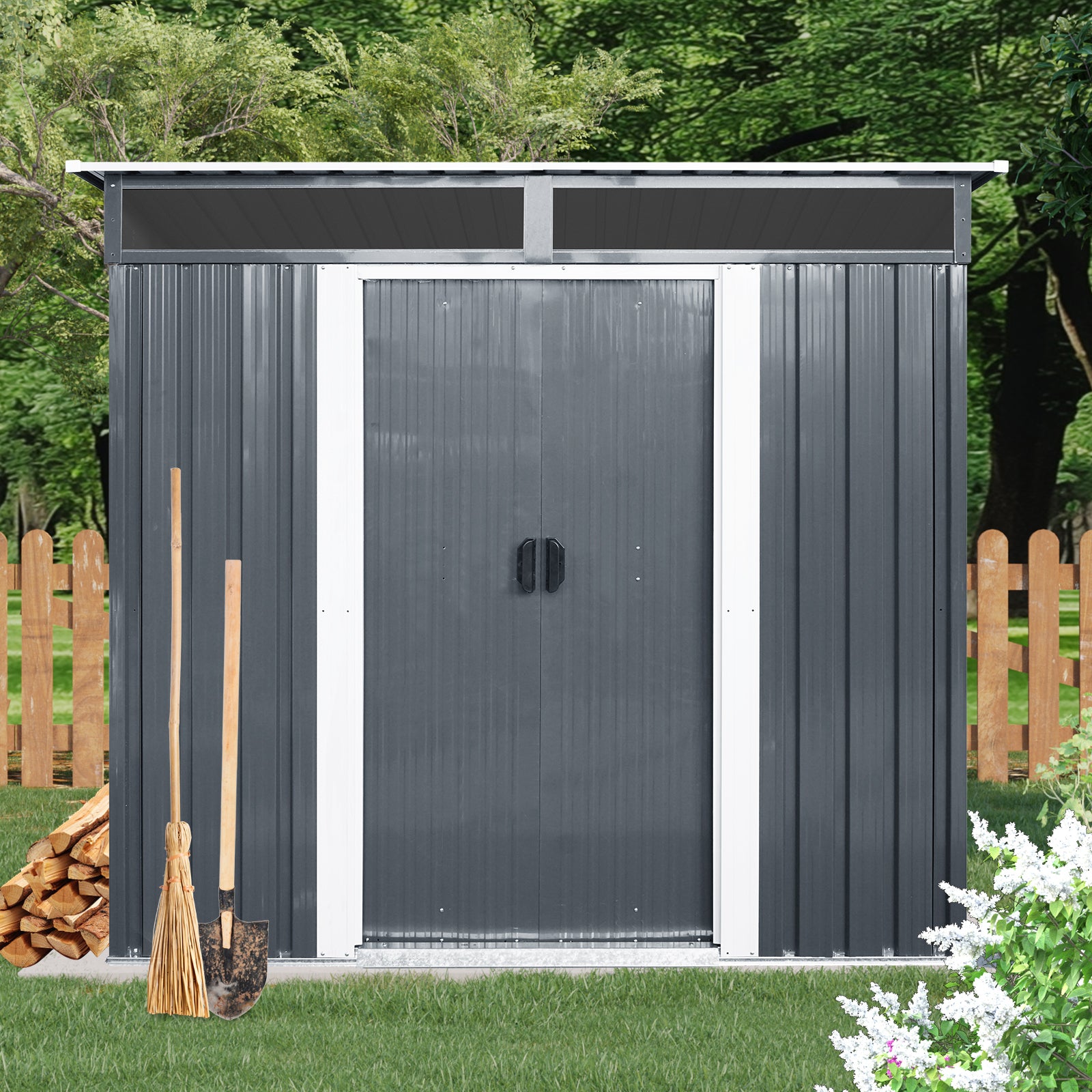 6Ft X 5Ft Outdoor Metal Storage Shed With Window And Transparent Plate For Garden, Lawn Black And White Black White Metal