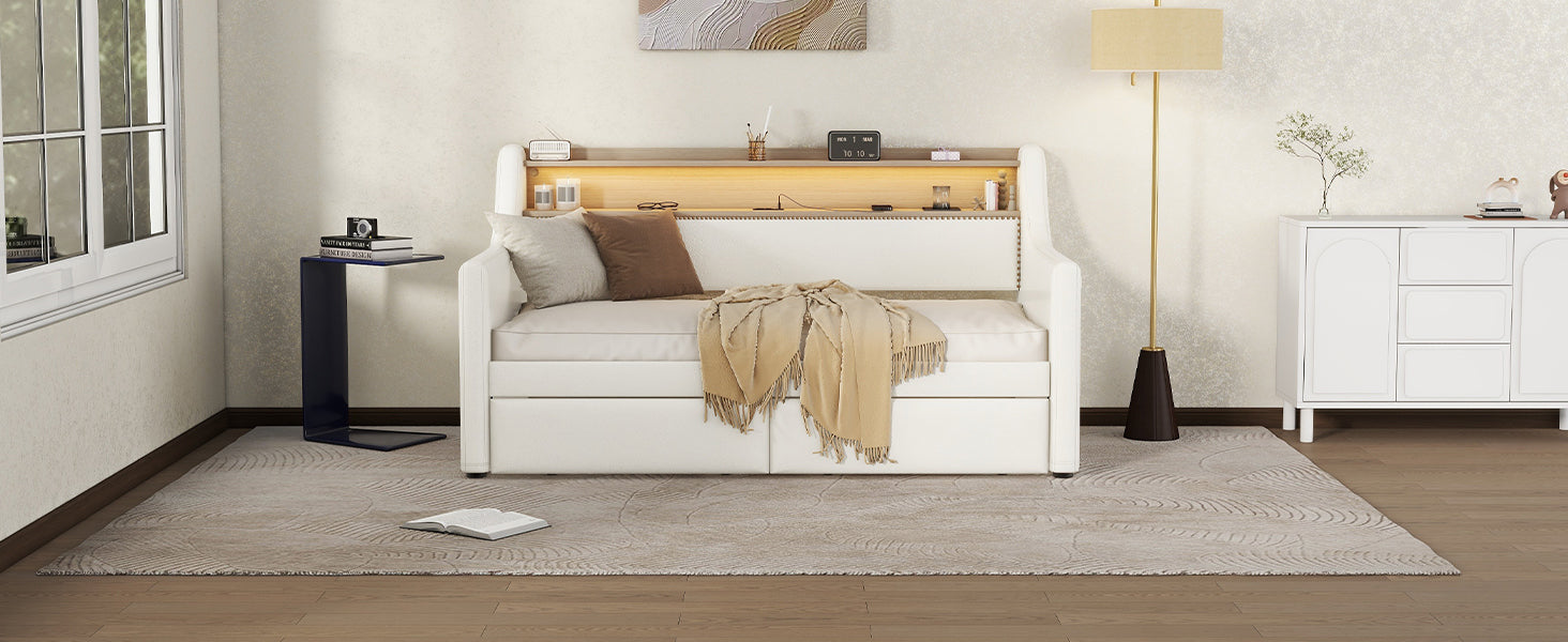 Twin Size Daybed With Drawers, Upholstered Daybed With Charging Station And Led Lights, White Old Item W1580S00021 Twin White Pu Leather